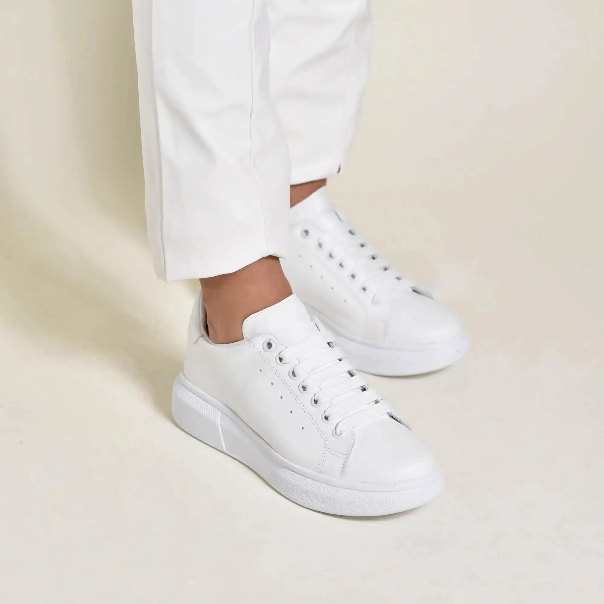 Pantofi casual de dama, sneakers albi all white din piele naturala, Aylin