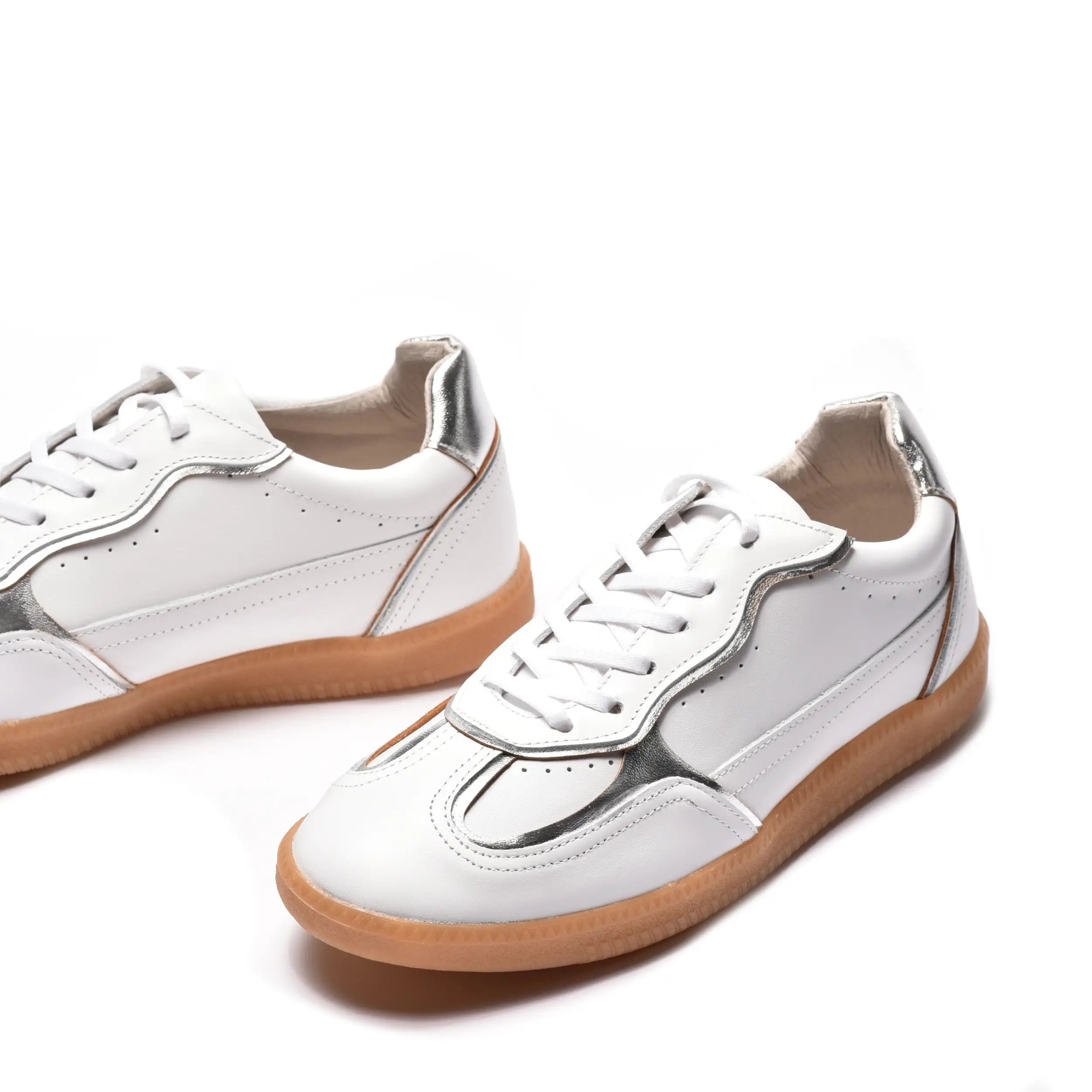 Sneakers dama cu talpa subtire din piele naturala alba argintie ZF5.