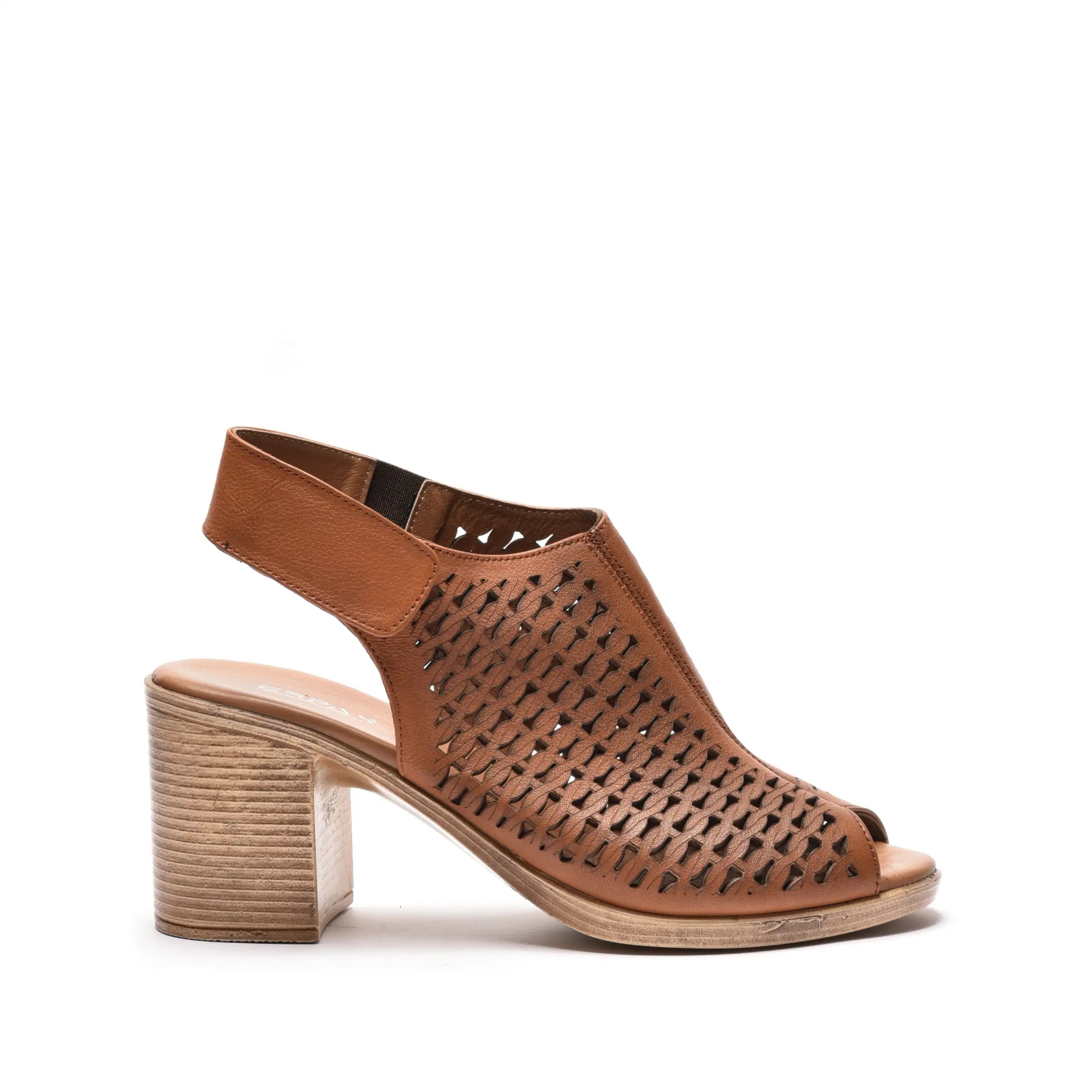 Sandale dama perforate cu toc din piele naturala maro