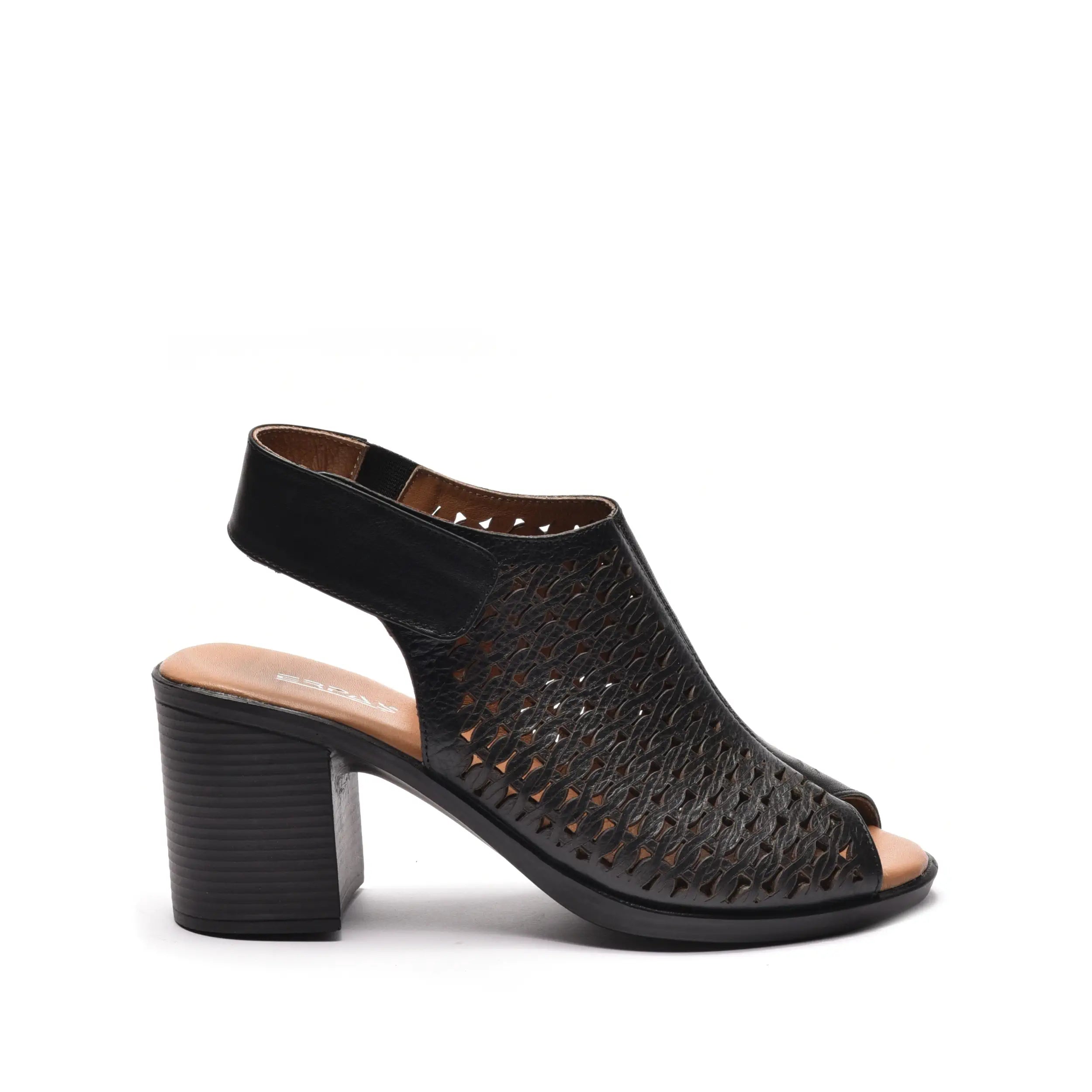 Sandale dama perforate cu toc din piele naturala neagra