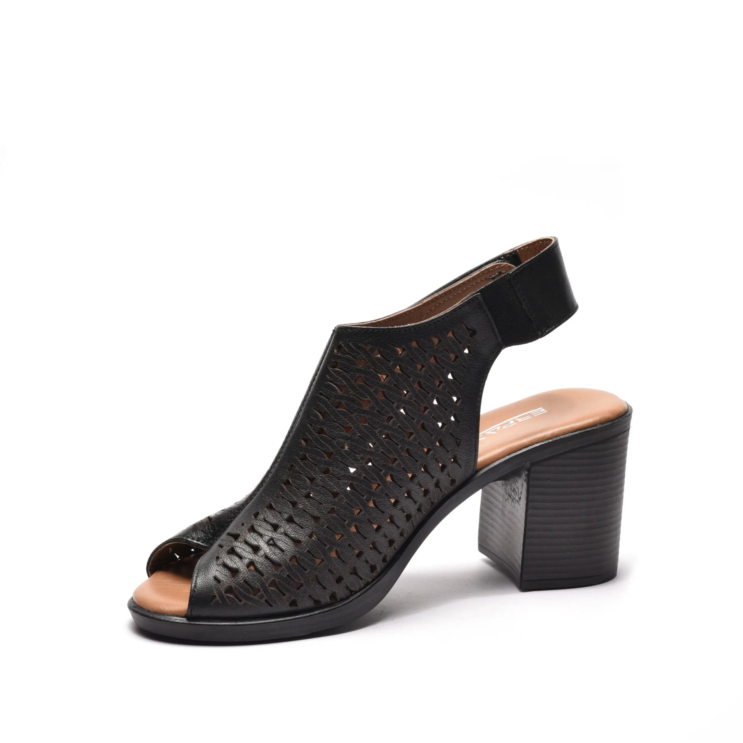 Sandale dama perforate cu toc din piele naturala neagra