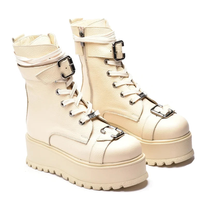 Ghete cu doua catarame, cu sireturi si fermoar, din piele naturala bej, Lidia