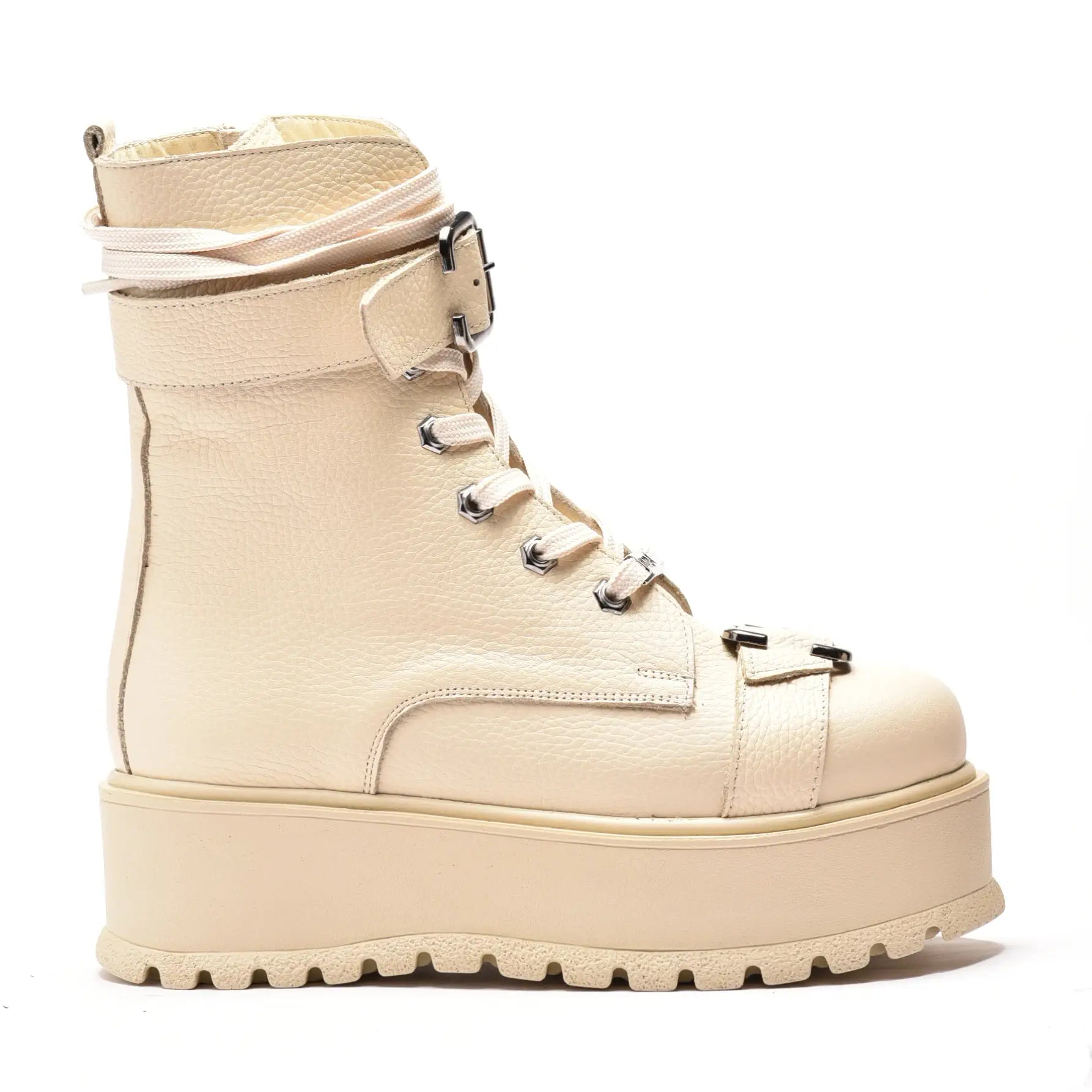 Ghete cu doua catarame, cu sireturi si fermoar, din piele naturala bej, Lidia