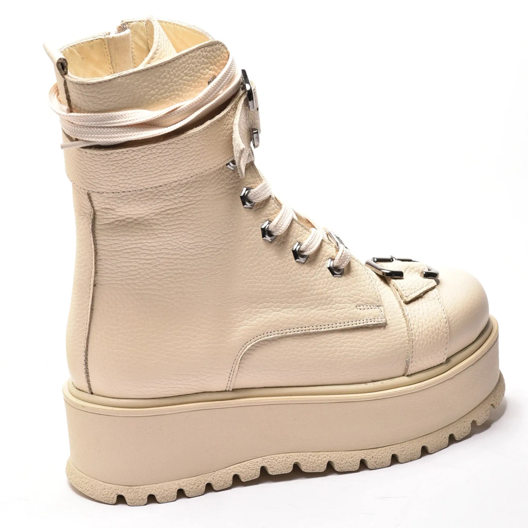 Ghete cu doua catarame, cu sireturi si fermoar, din piele naturala bej, Lidia