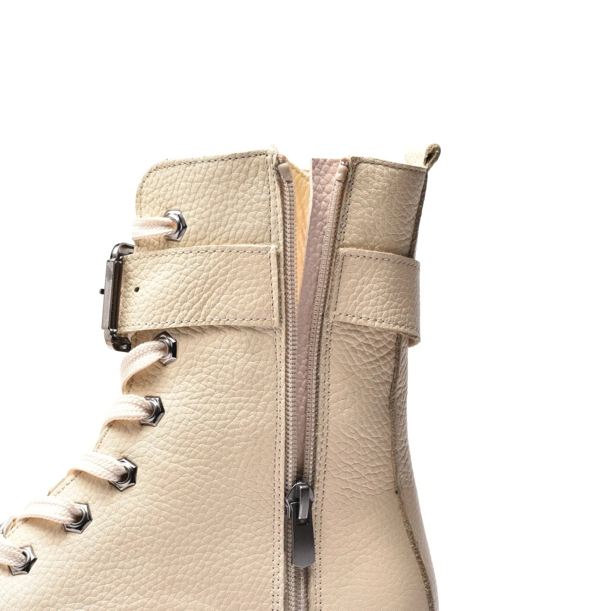 Ghete cu doua catarame, cu sireturi si fermoar, din piele naturala bej, Lidia