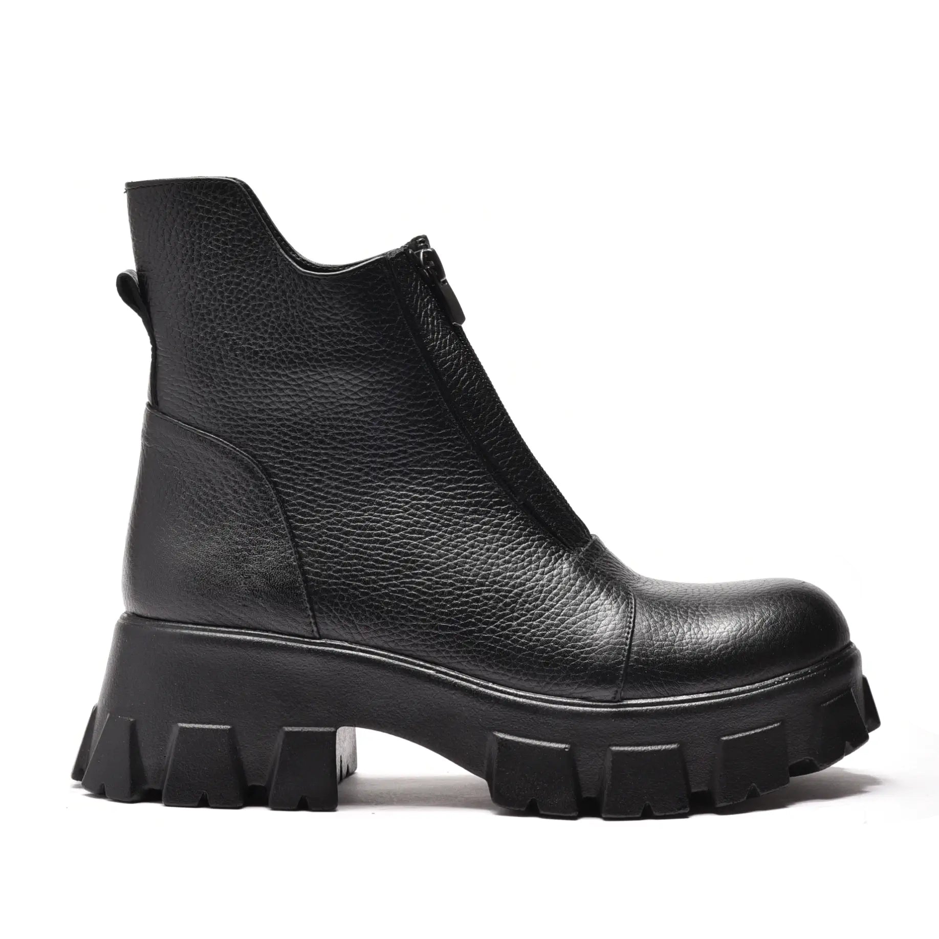 Ghete scurte cu fermoar in mijloc, talpa groasa, piele naturala bizon negru