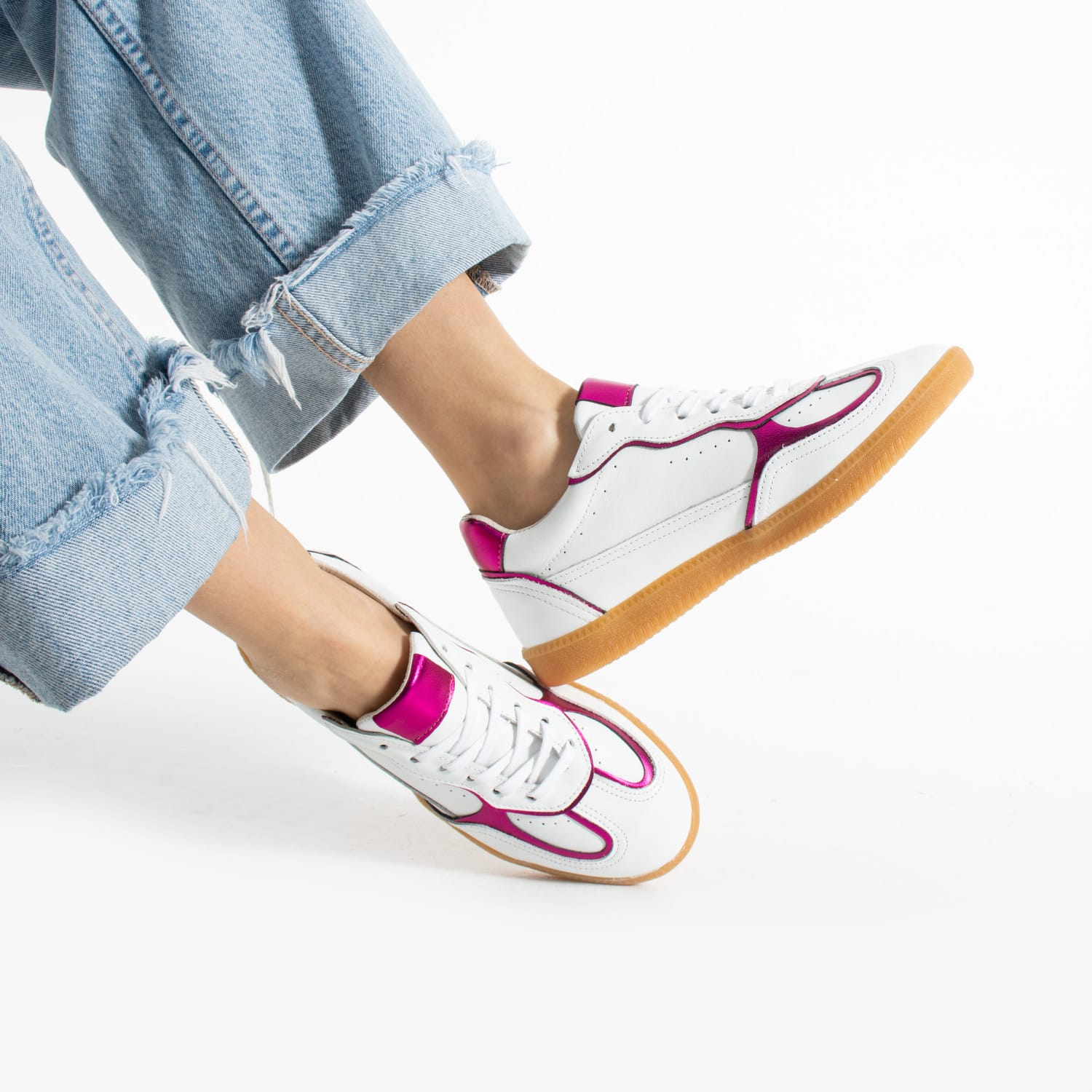 Sneakers dama cu talpa subtire din piele naturala alba mov ZF5