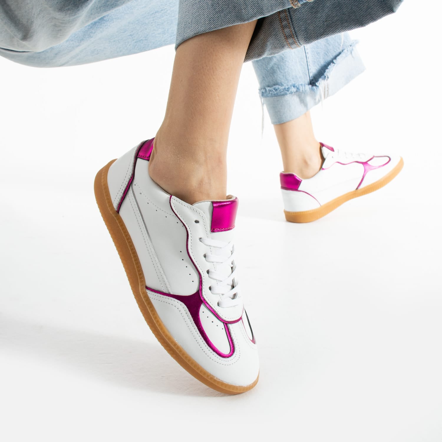 Sneakers dama cu talpa subtire din piele naturala alba mov ZF5