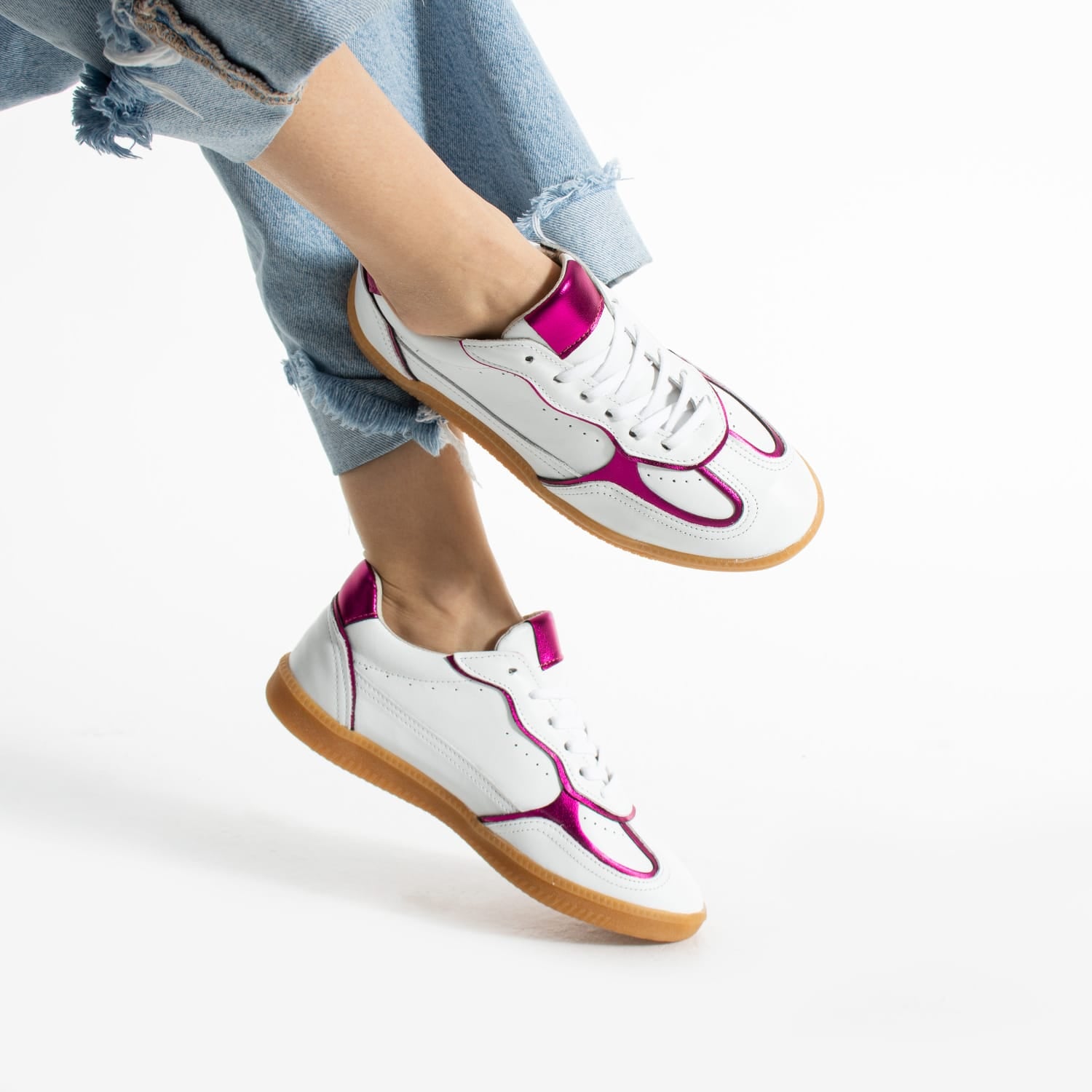 Sneakers dama cu talpa subtire din piele naturala alba mov ZF5