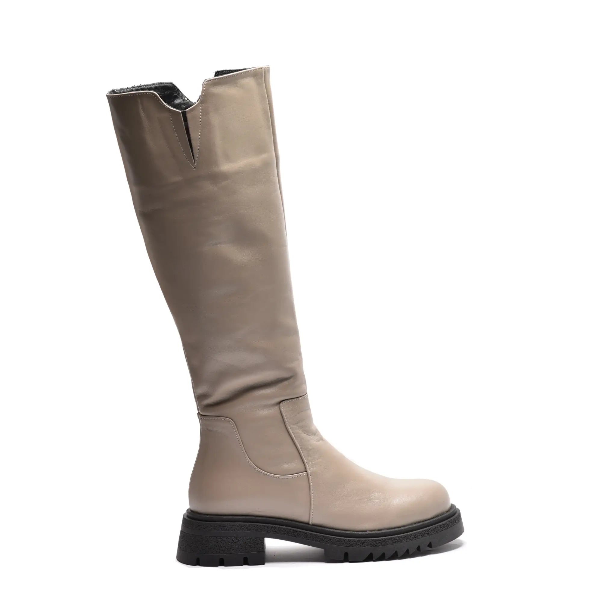 Cizme lungi cu fermoar, talpa groasa, piele naturala bej inchis