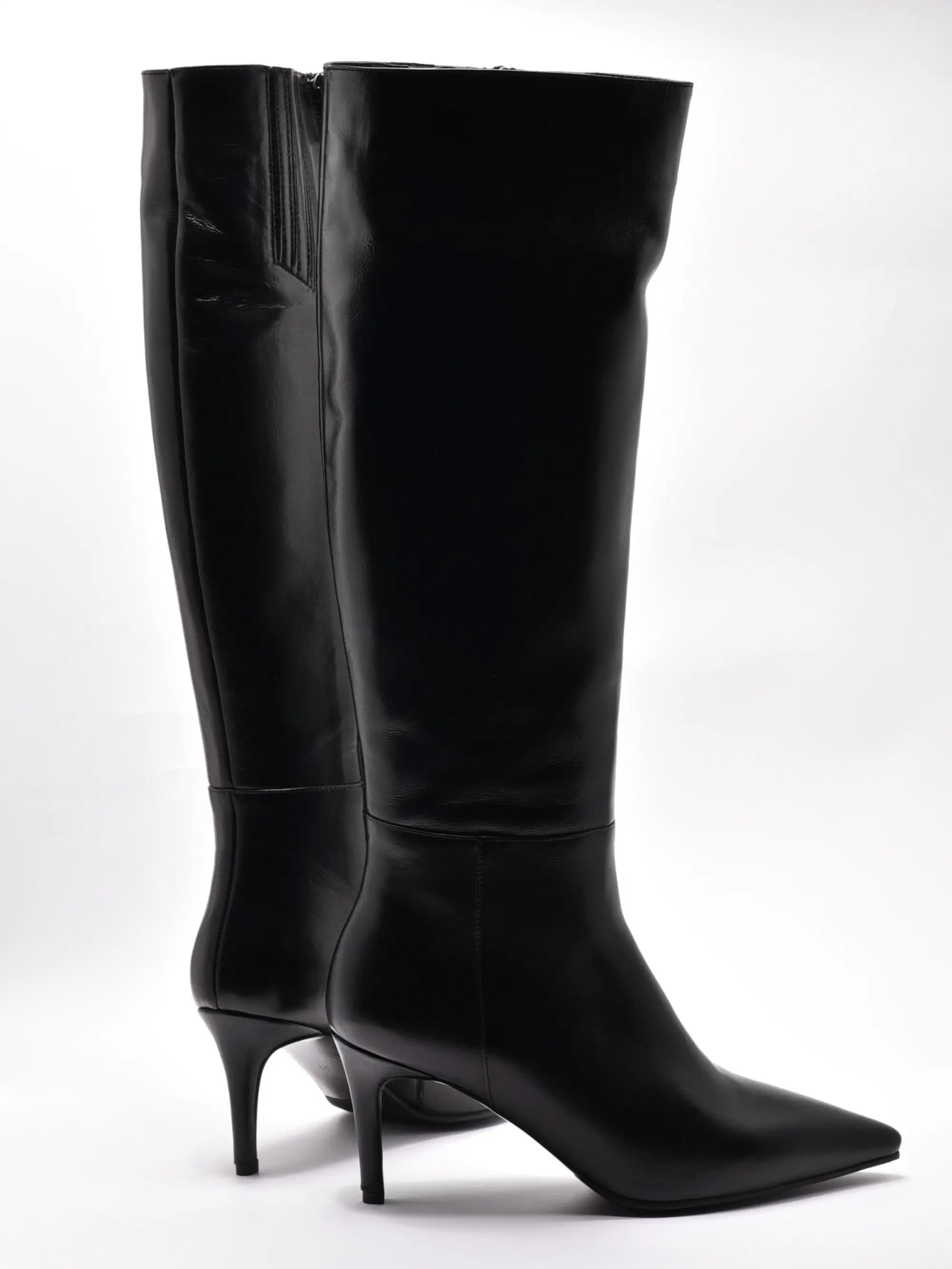 Cizme lungi elegante cu fermoar, toc mediu, piele naturala neagra