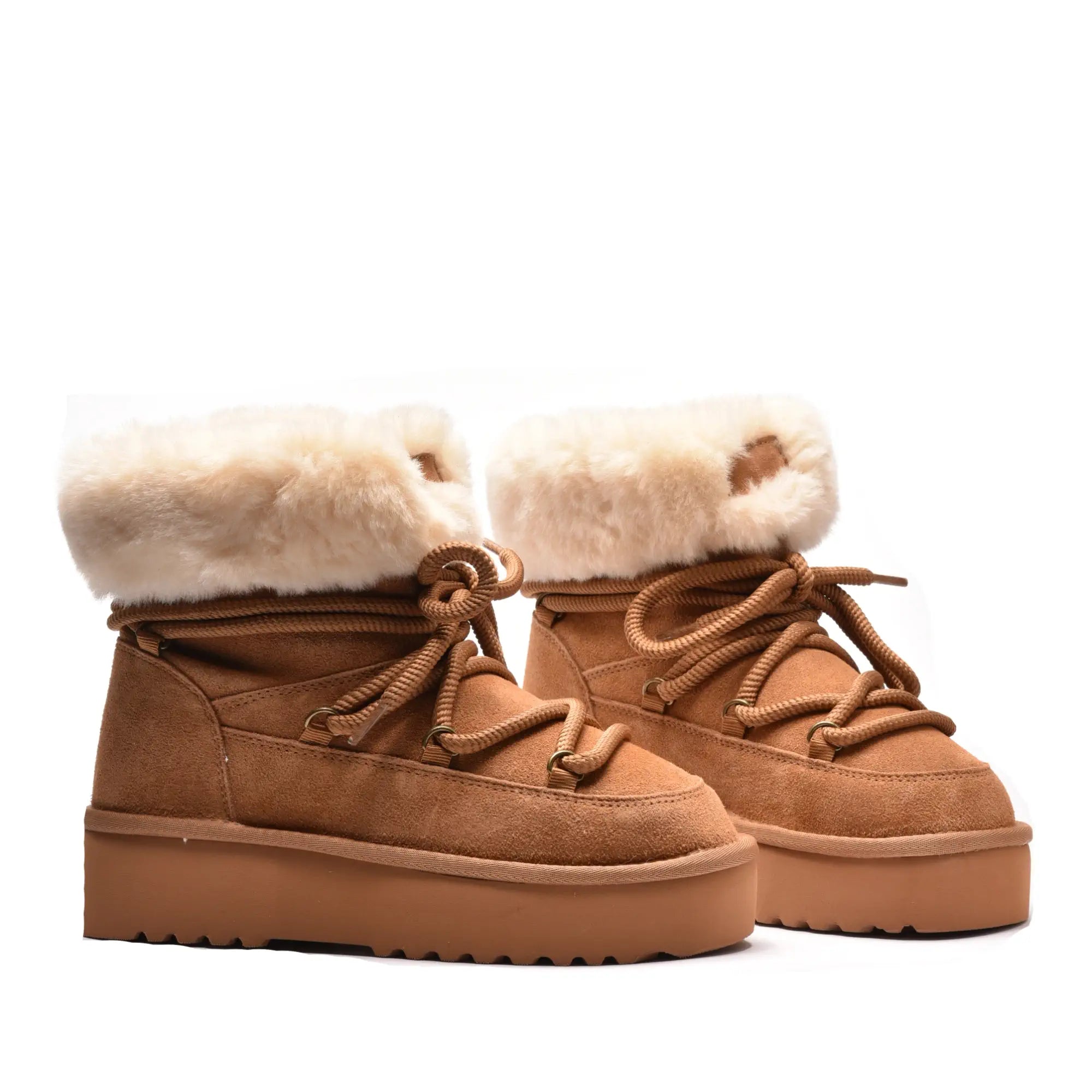 Ghete dama cu siret in varf si blana, din piele naturala camel 3002