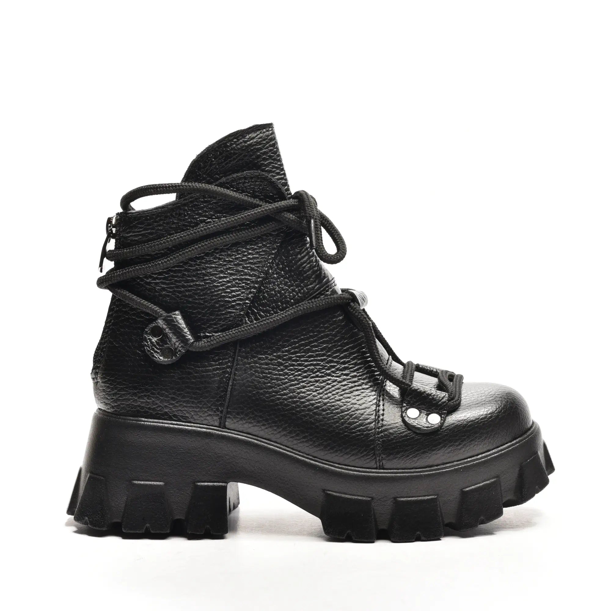 ghete dama scurte cu siret Azura Mini fermoar la spate din piele neagra