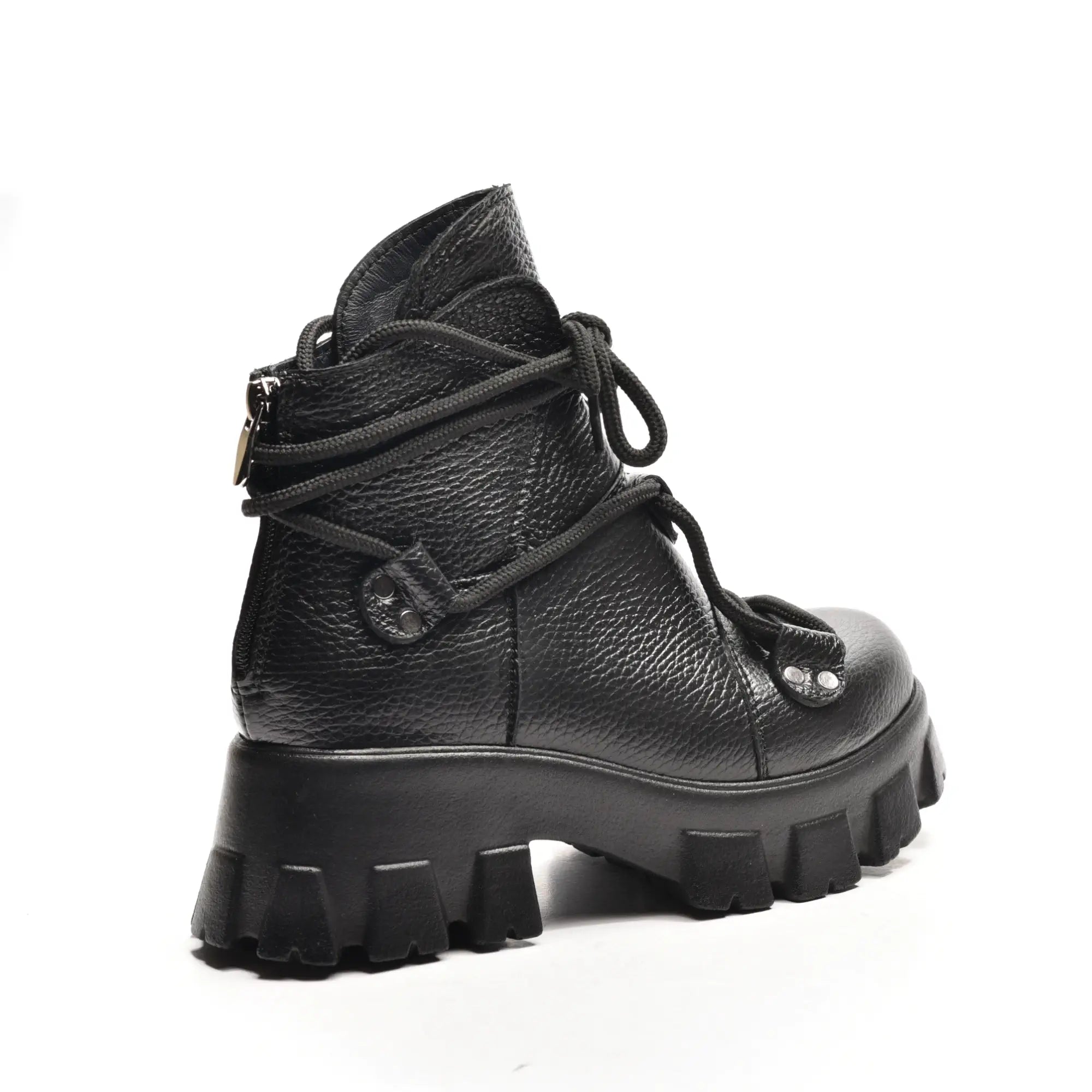 ghete dama scurte cu siret Azura Mini fermoar la spate din piele neagra