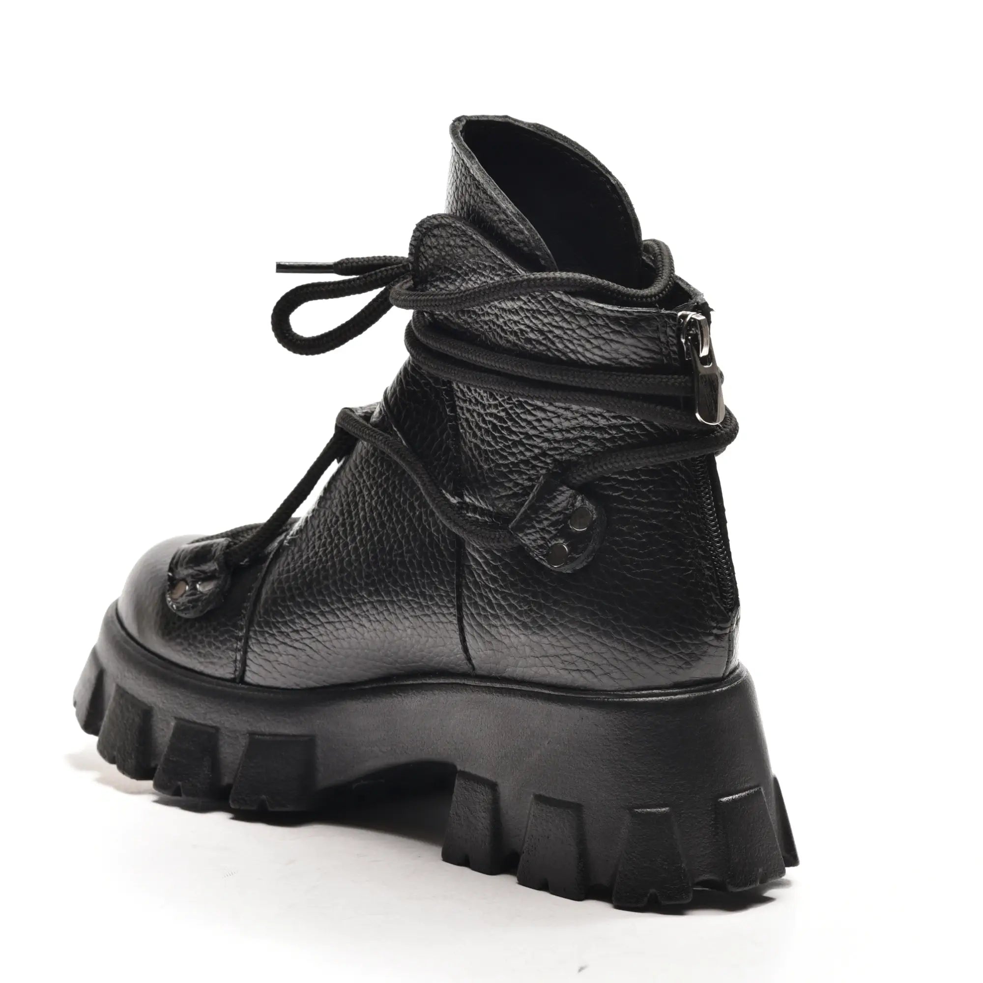 ghete dama scurte cu siret Azura Mini fermoar la spate din piele neagra