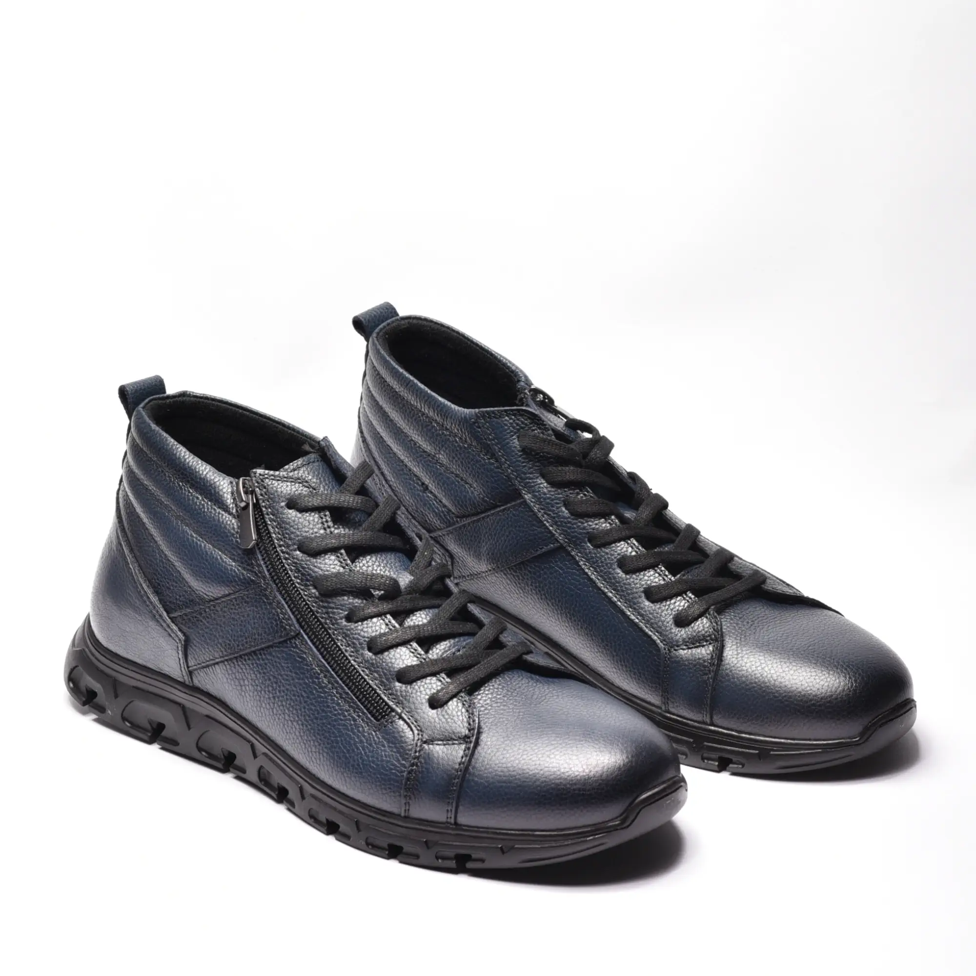 Ghete de barbati cu sireturi si fermoar, din piele naturala bleumarin