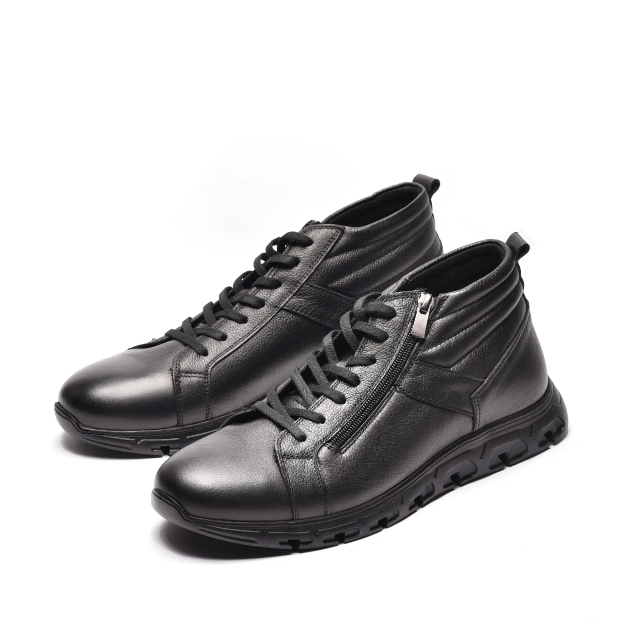 Ghete de barbati cu sireturi si fermoar, din piele naturala neagra