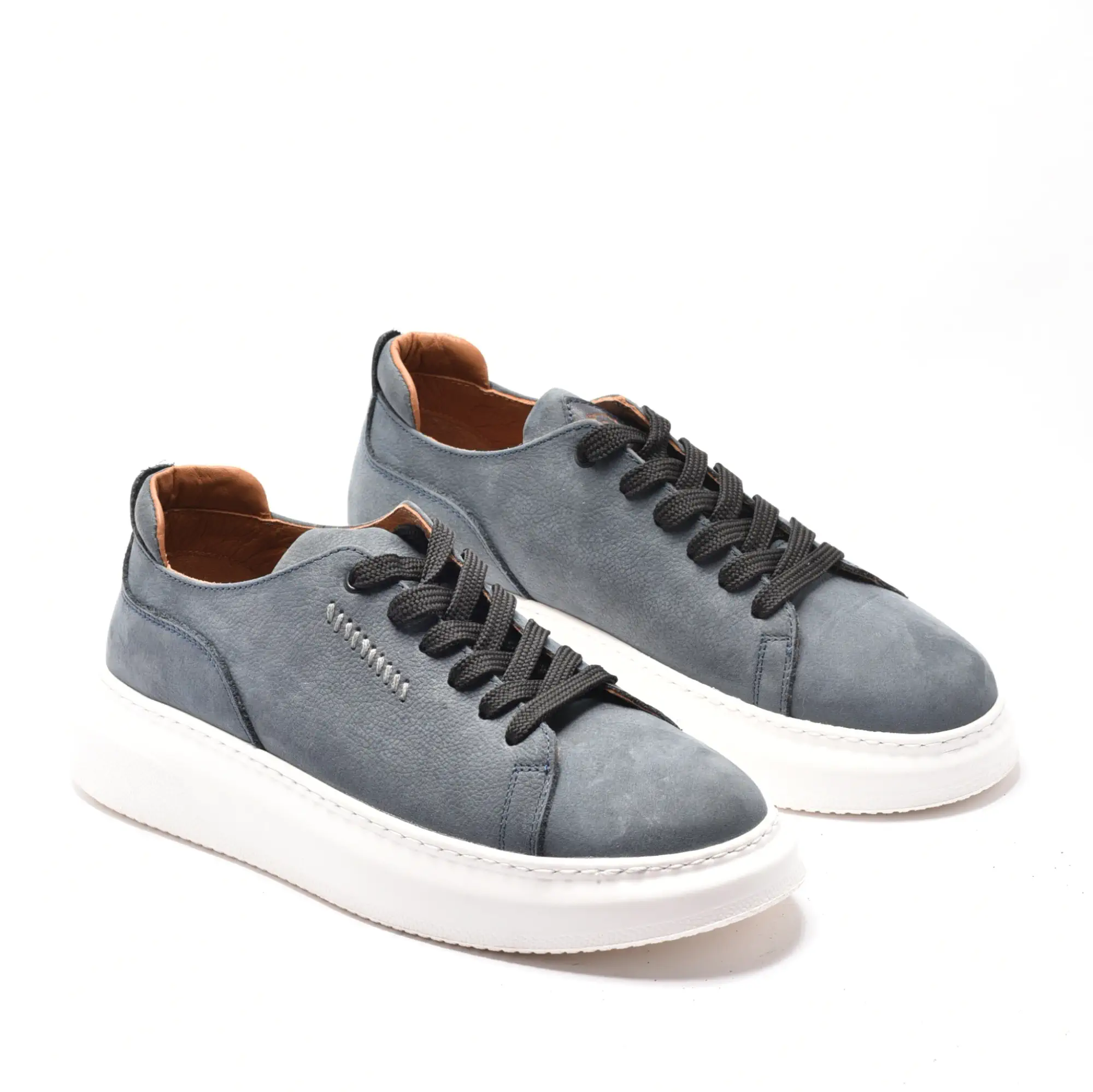 Pantofi casual barbati din piele bleu cu talpa alba groasa