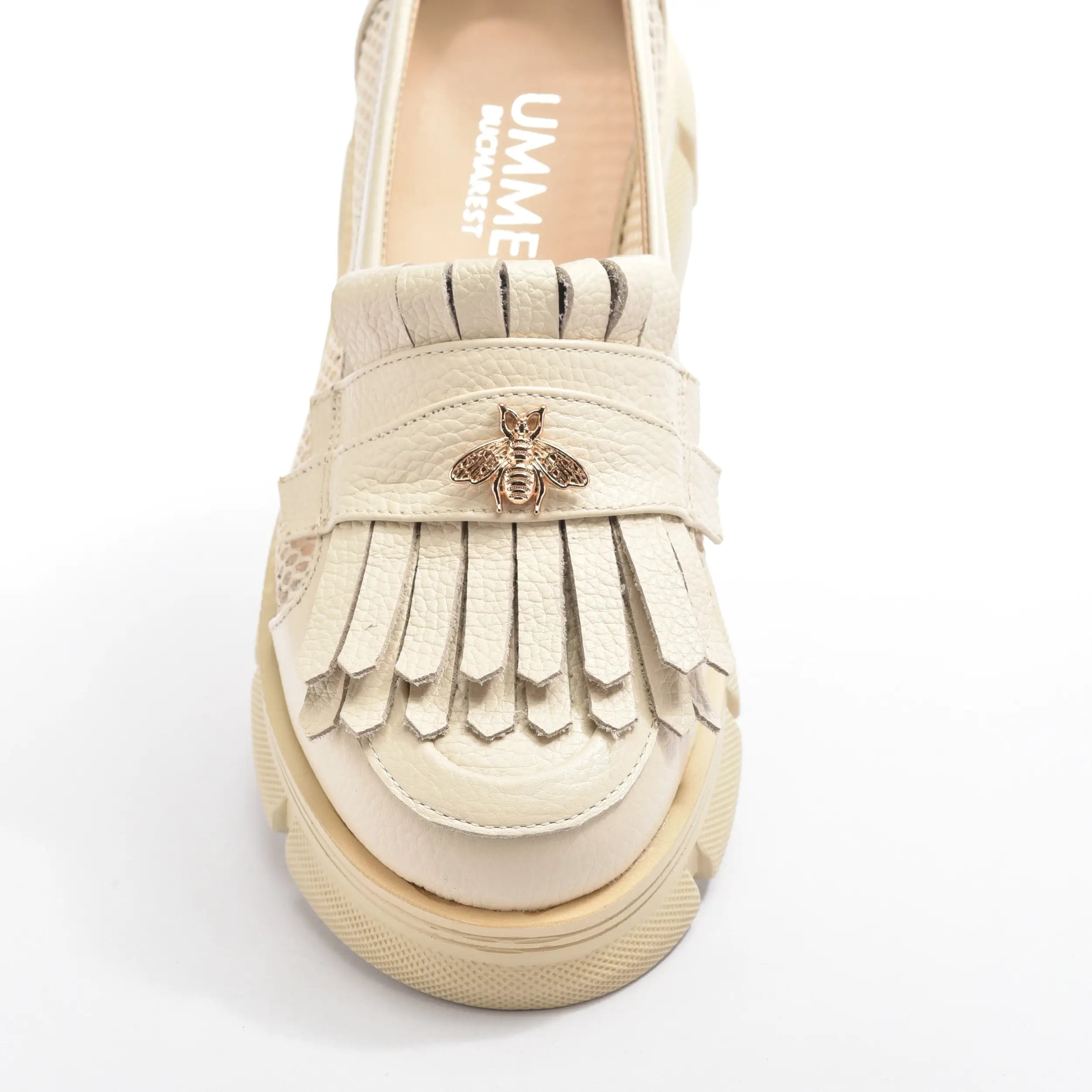 Pantofi casual de dama, loafers vara bej din piele bizon, cu franjuri si plasa