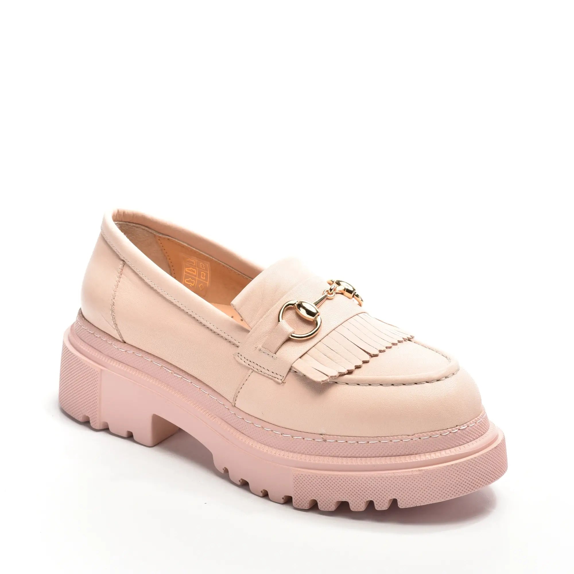 Pantofi casual loafers roz pudra horsebit cu franjuri din piele naturala Veda