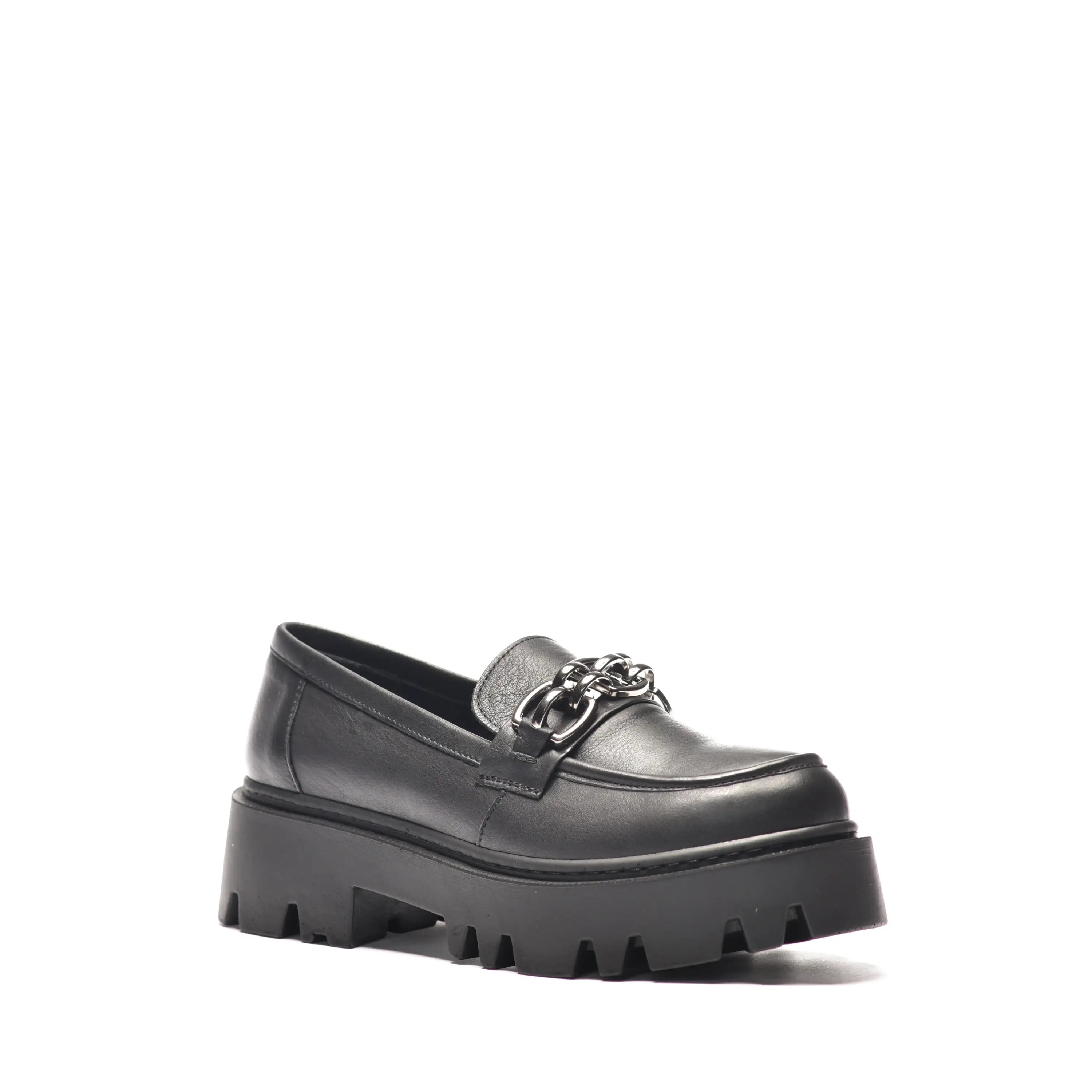 Pantofi dama cu lant talpa inalta loafers negri din piele naturala Elena