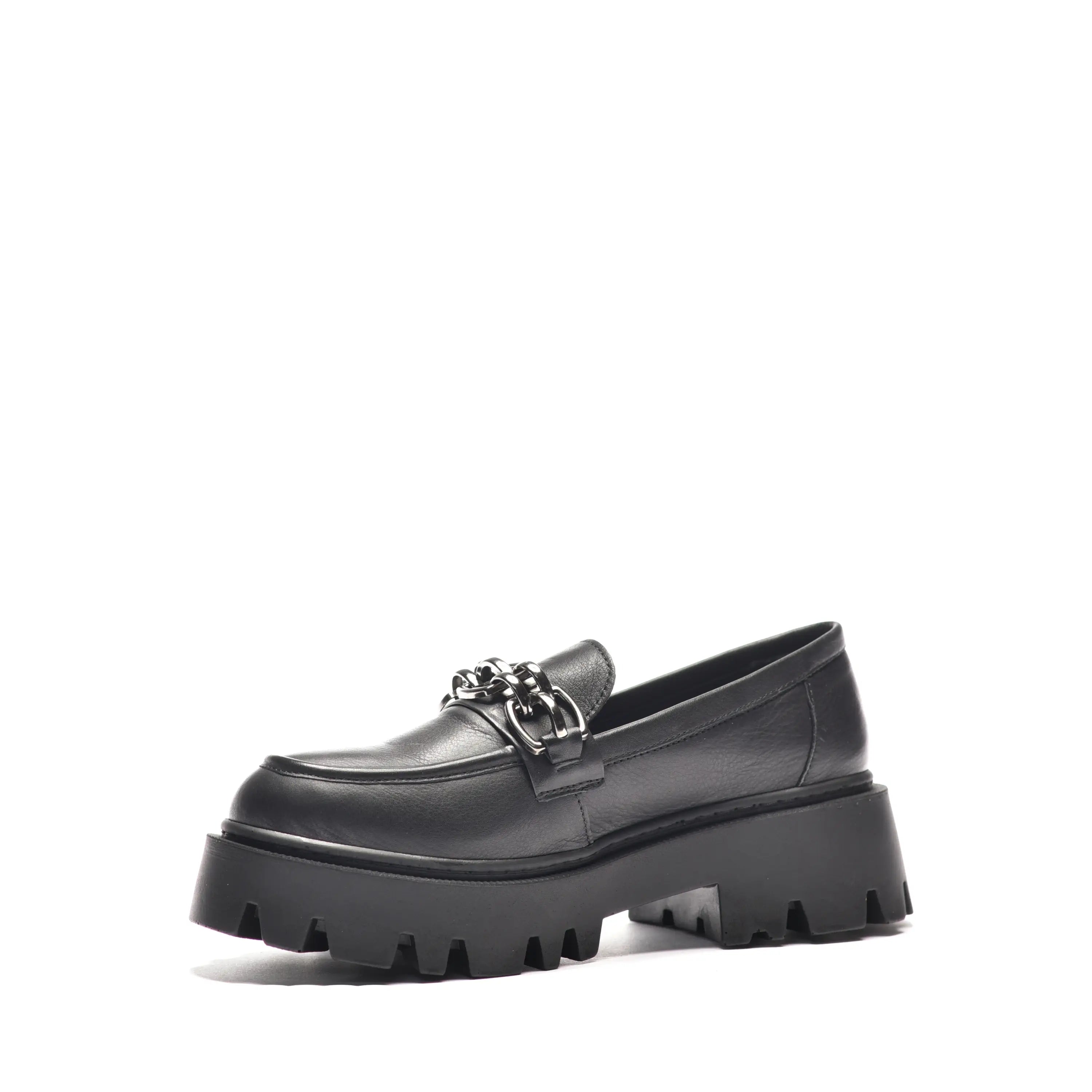 Pantofi dama cu lant talpa inalta loafers negri din piele naturala Elena