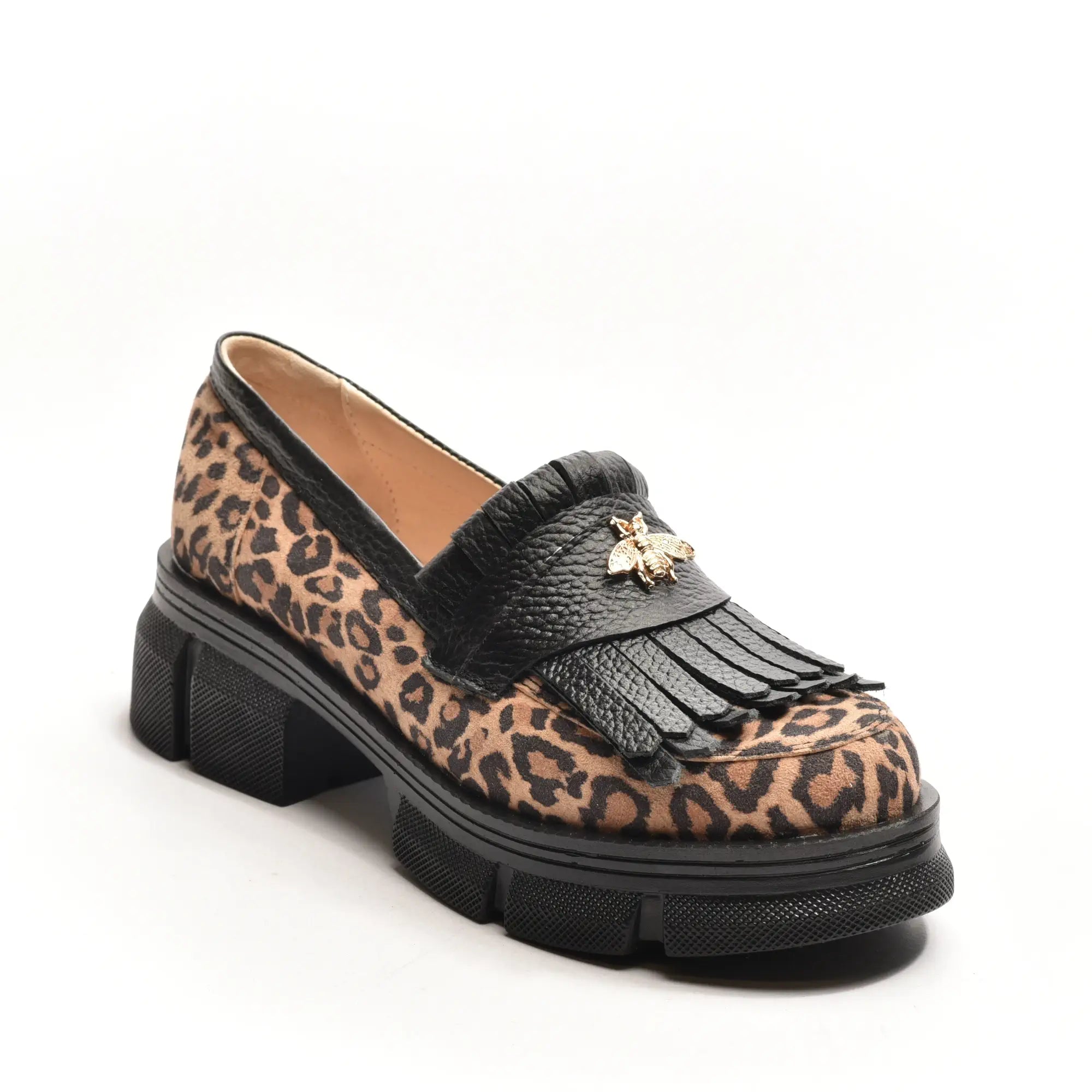 Pantofi dama Umme, loafers cu franjuri si albina, din piele animal print
