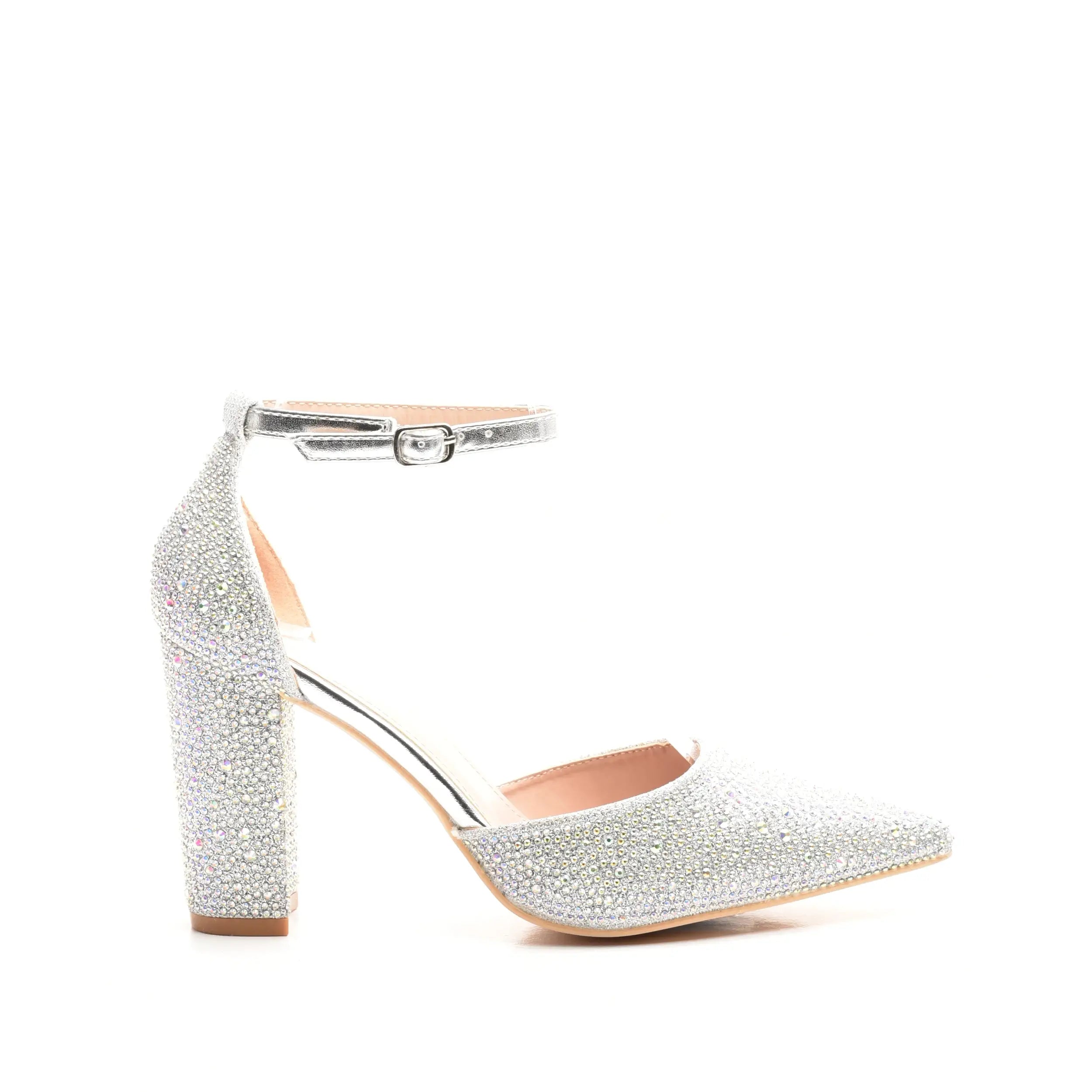 pantofi eleganti argintii cu toc gros si strasuri, inchidere pe glezna