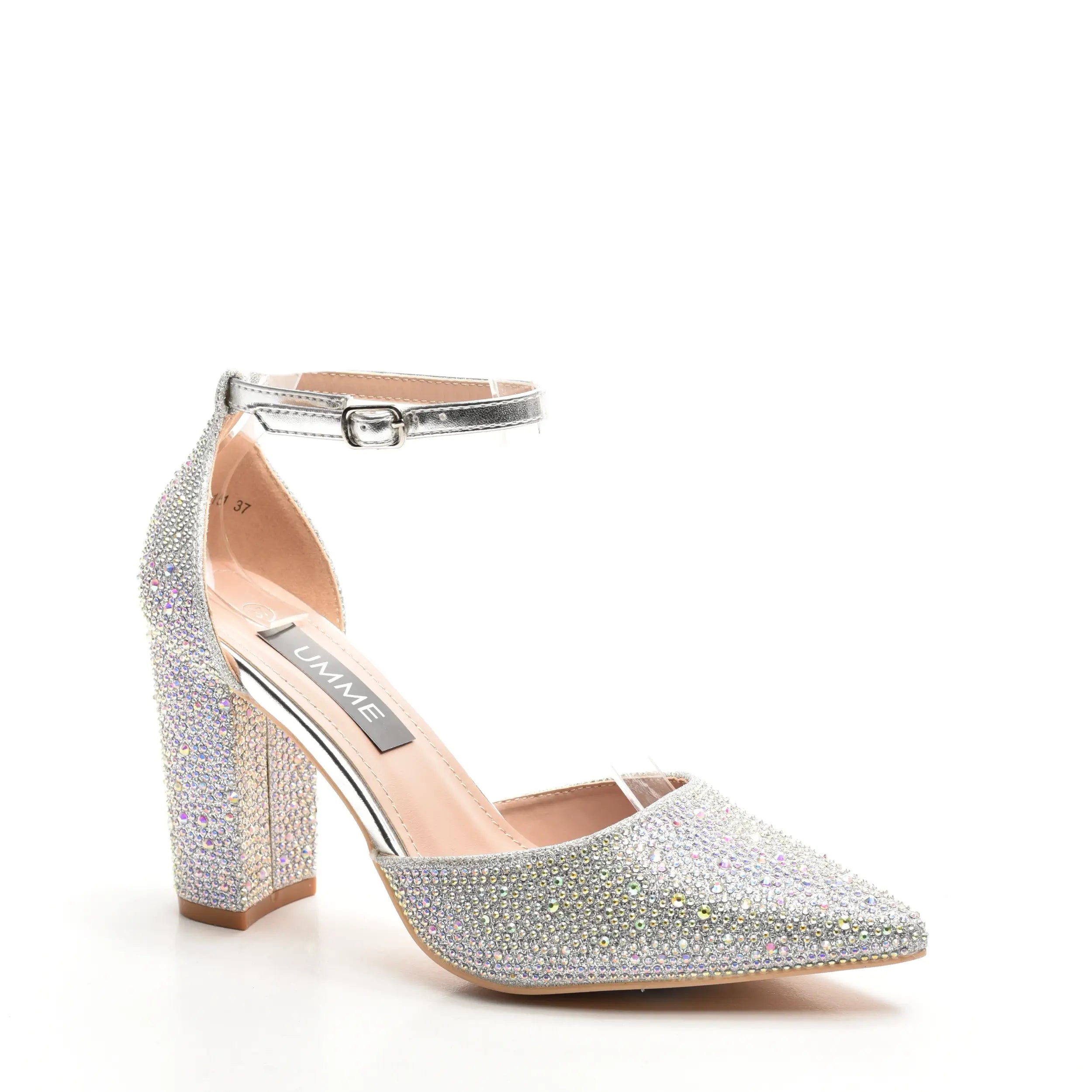 pantofi eleganti argintii cu toc gros si strasuri, inchidere pe glezna