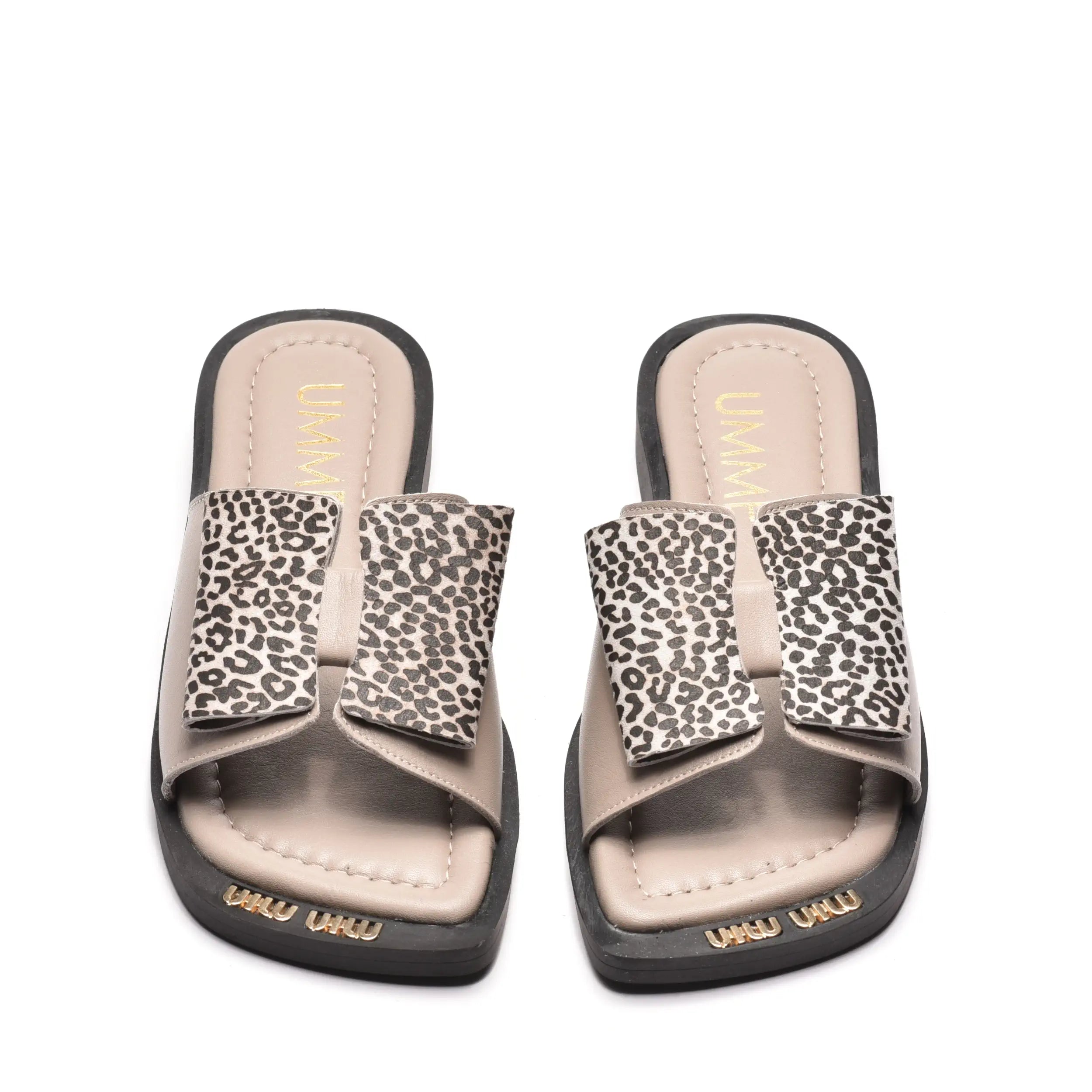 Papuci dama cu fundita animal print din piele naturala grej