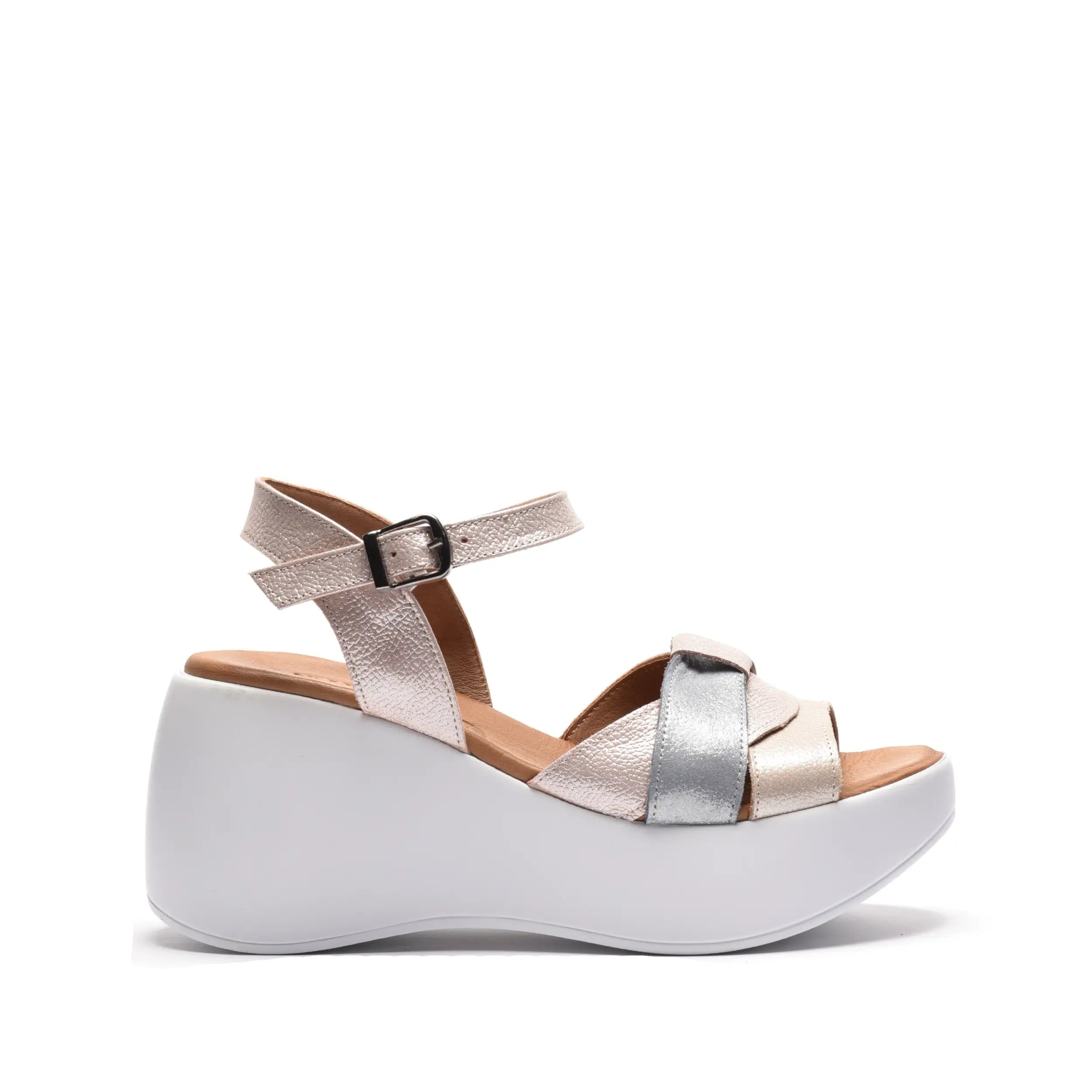 Sandale dama cu platforma din piele sidefata bej roz