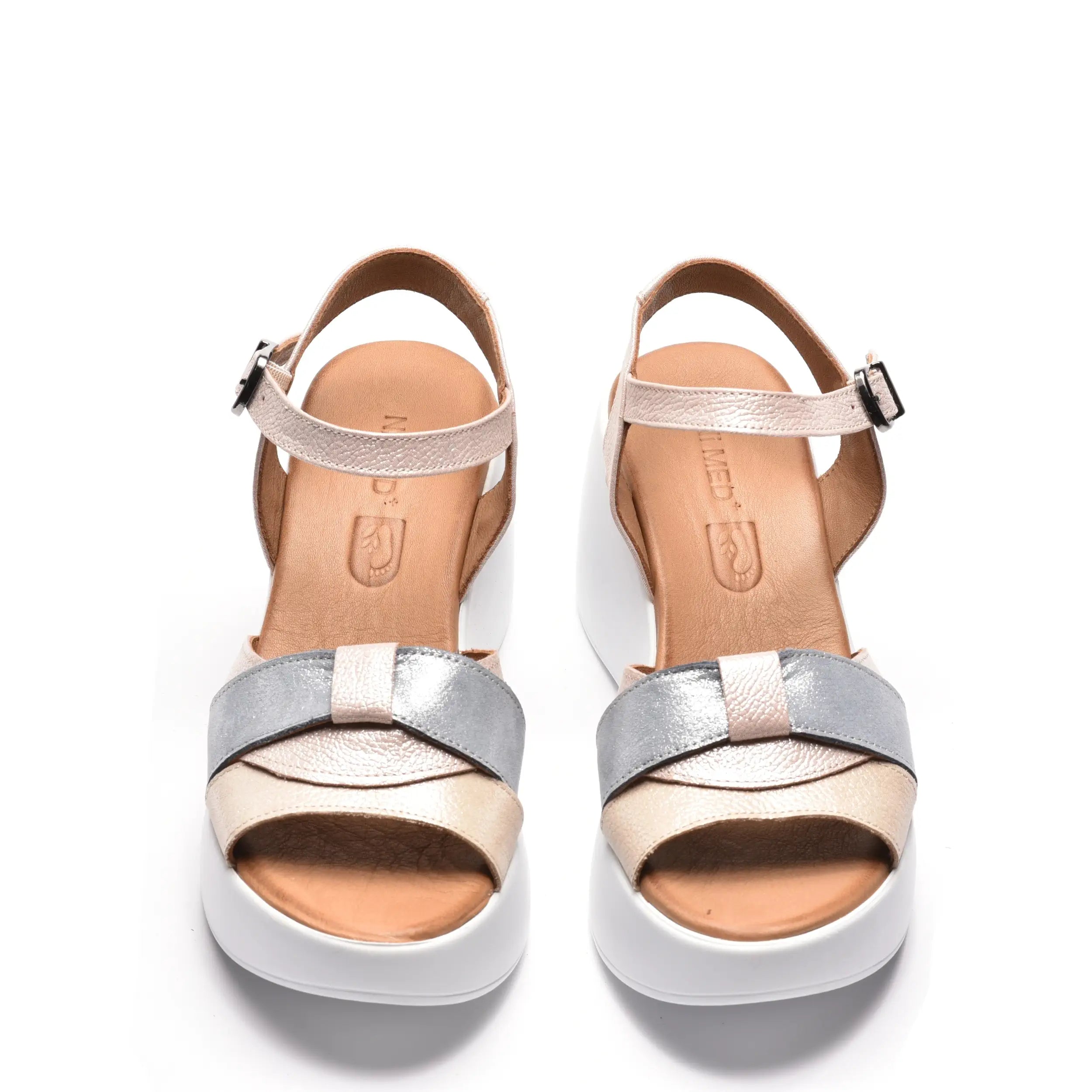 Sandale dama cu platforma din piele sidefata bej roz