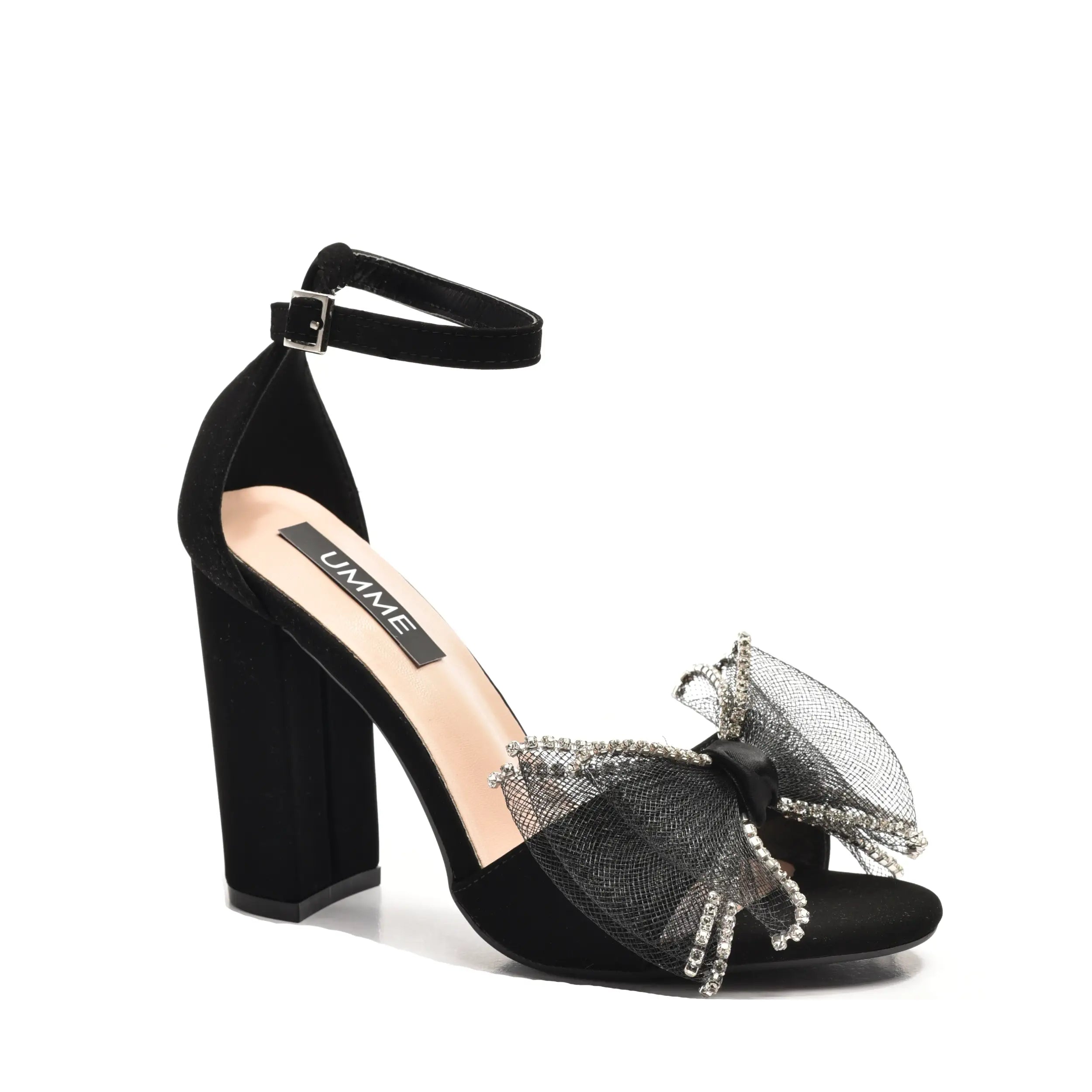 Sandale elegante dama negre, cu toc gros stabil, fundite stralucitoare din plasa si pietre