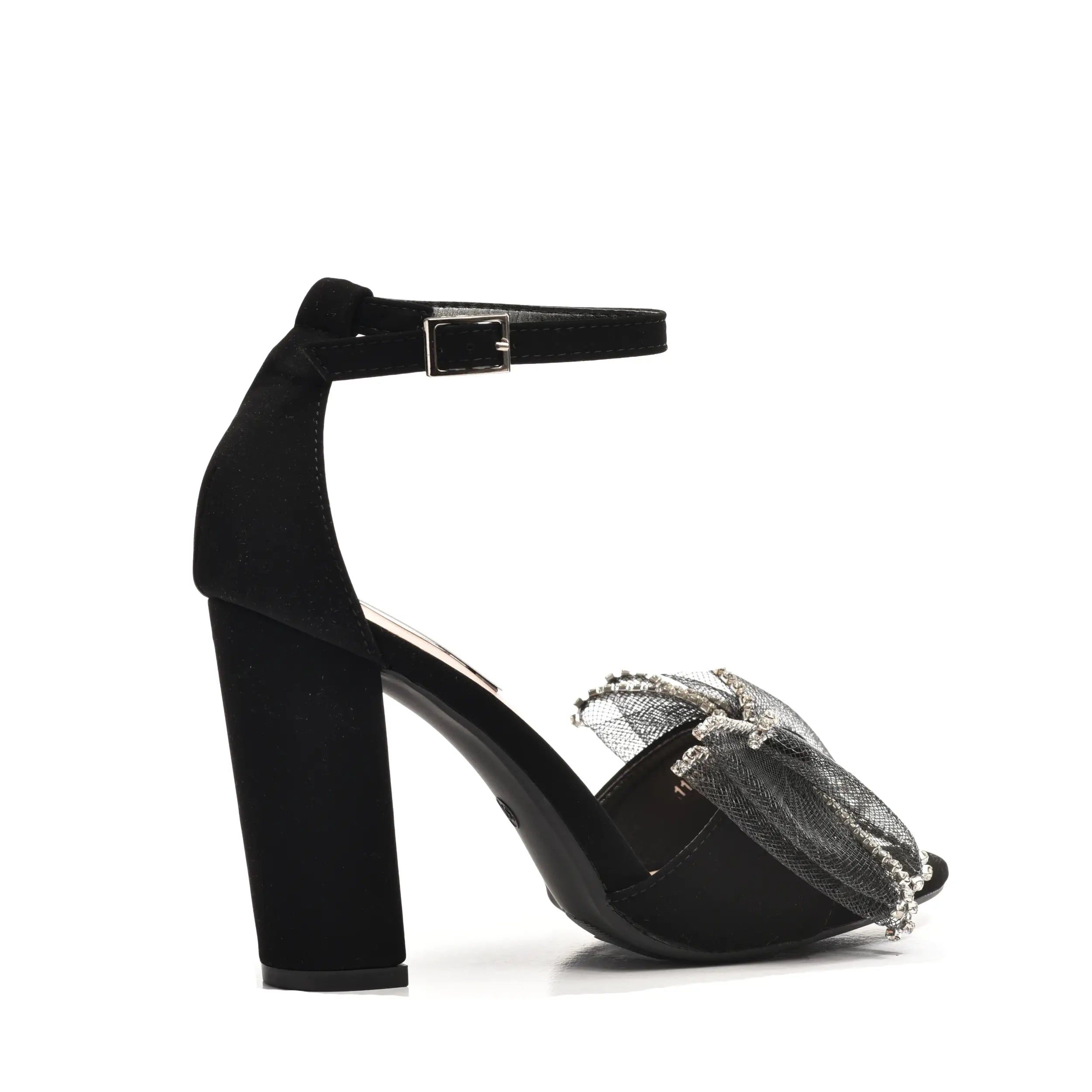 Sandale elegante dama negre, cu toc gros stabil, fundite stralucitoare din plasa si pietre
