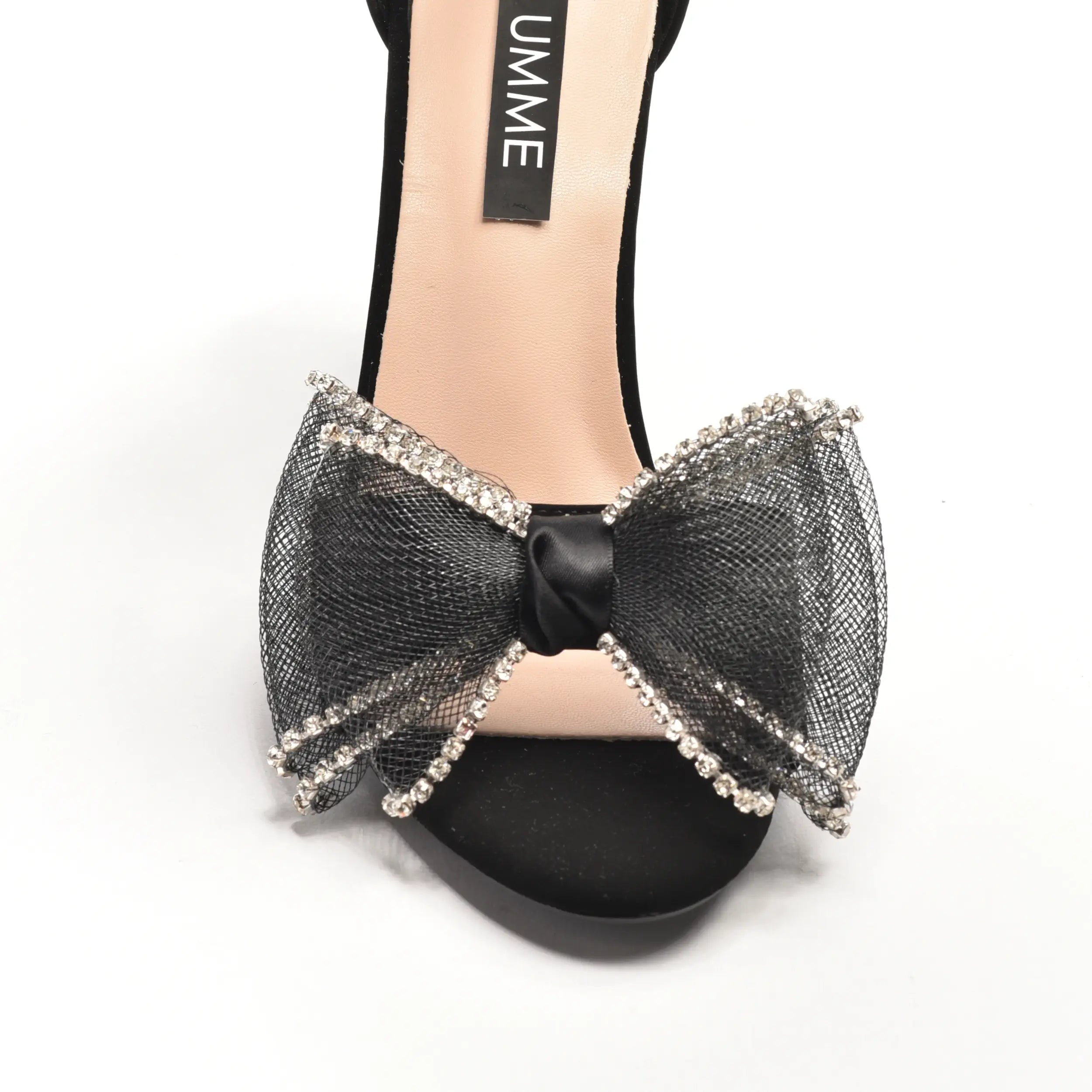 Sandale elegante dama negre, cu toc gros stabil, fundite stralucitoare din plasa si pietre