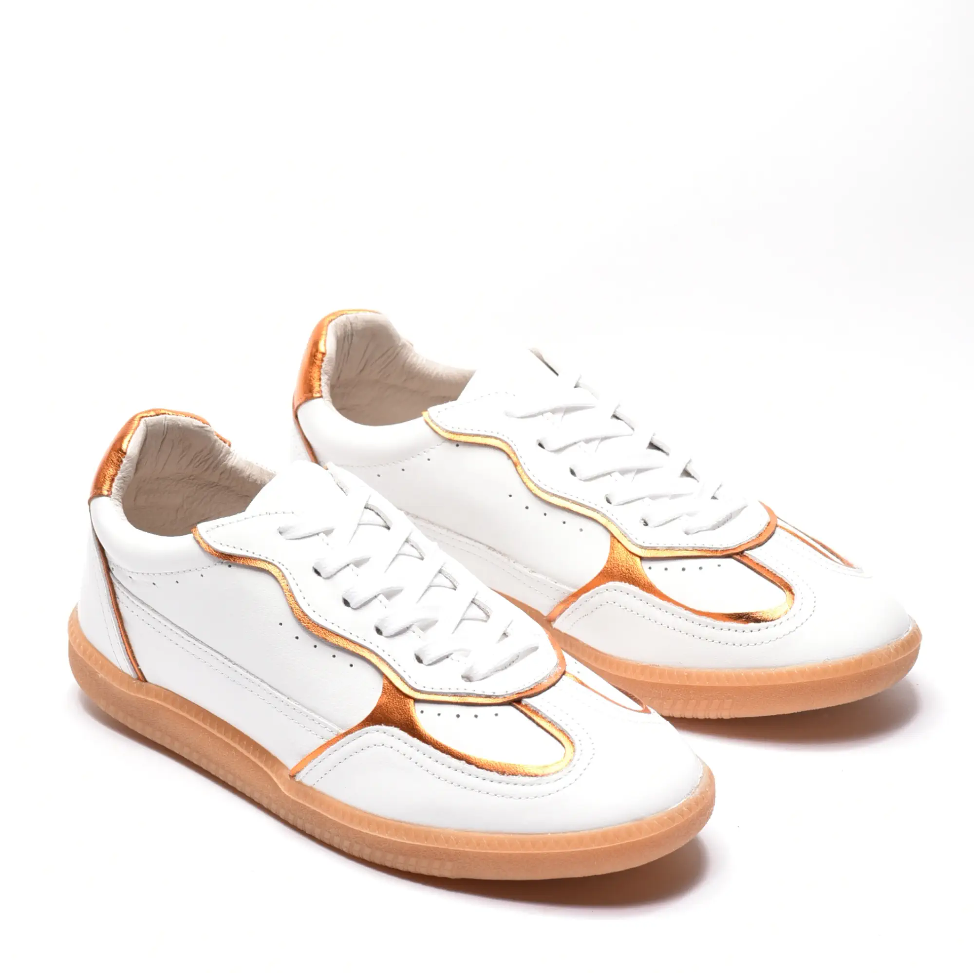 Sneakers dama cu talpa subtire din piele naturala alba portocalie ZF5