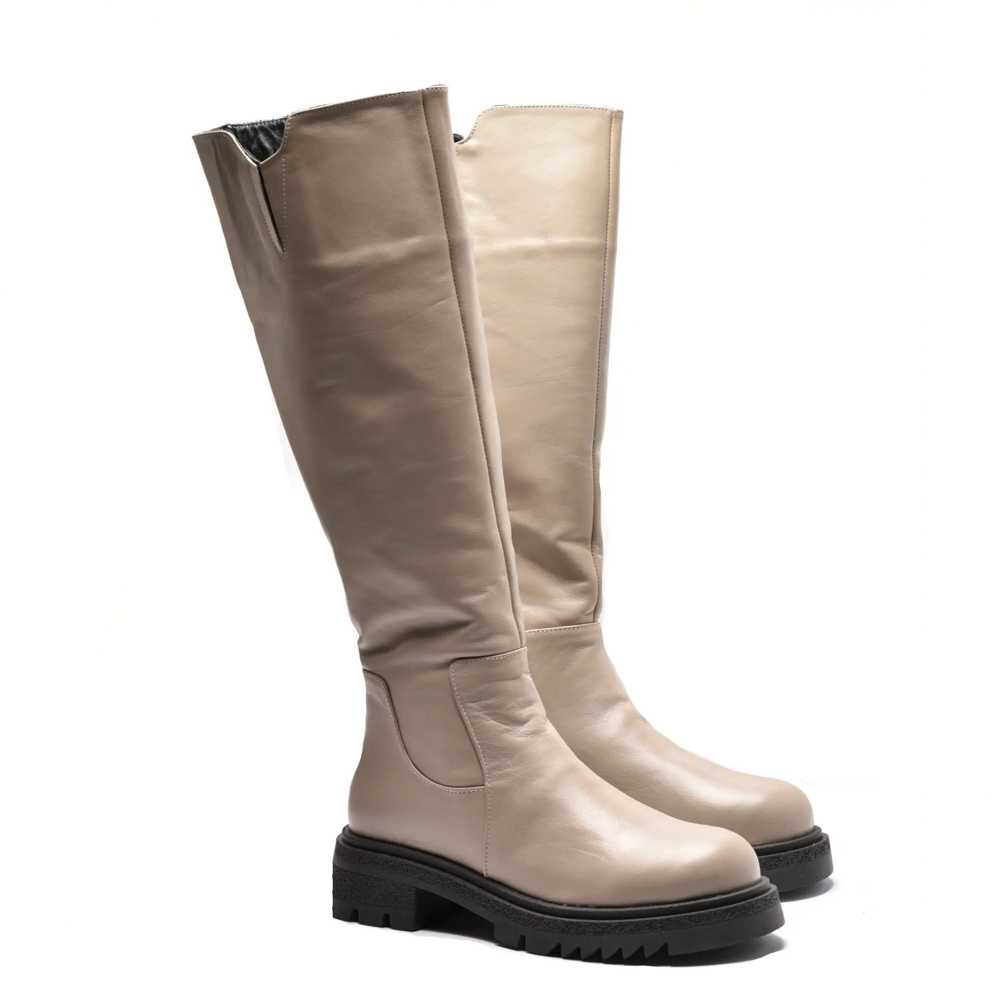 Cizme lungi cu fermoar, talpa groasa, piele naturala bej inchis