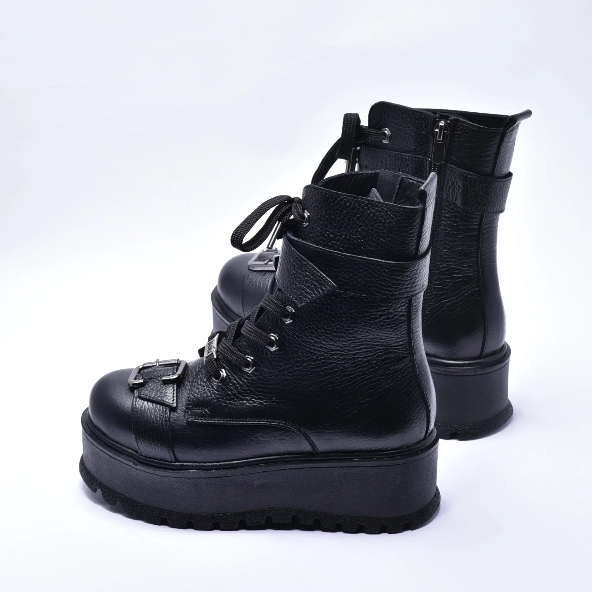 Ghete cu doua catarame, cu sireturi fermoar, din piele naturala neagra, Lidia