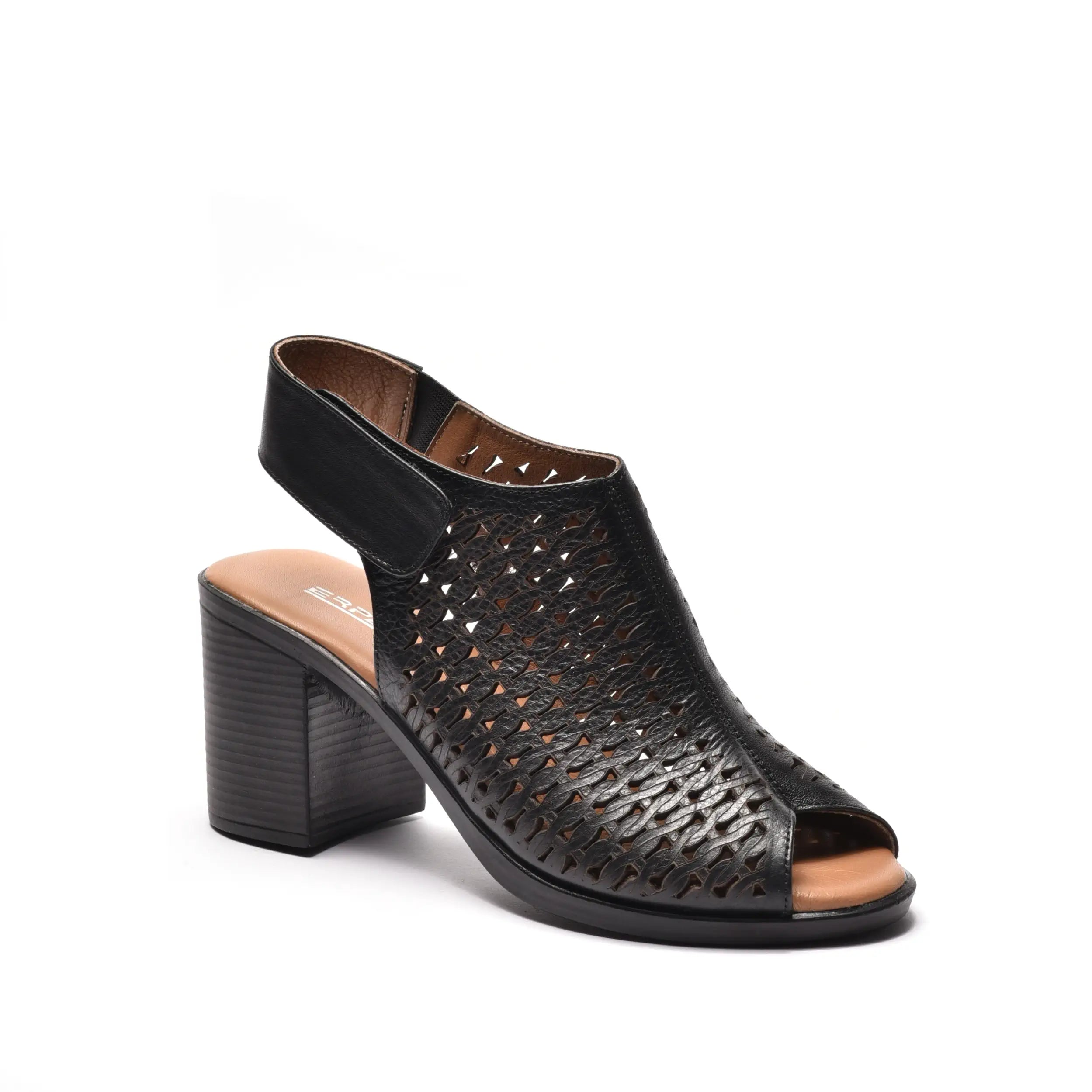 Sandale dama perforate  cu toc din piele naturala neagra