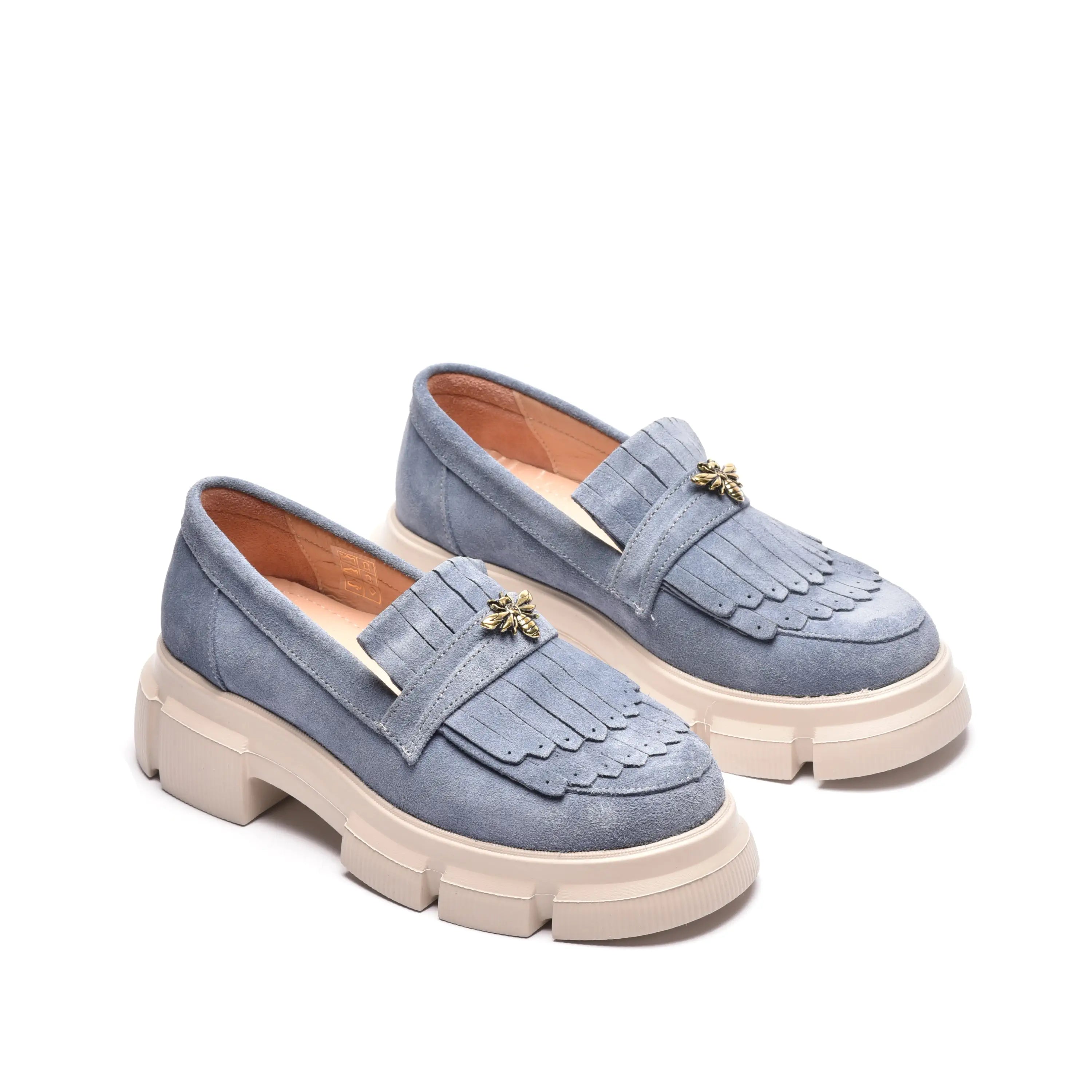 Pantofi dama cu franjuri din piele naturala blue jeans Mia