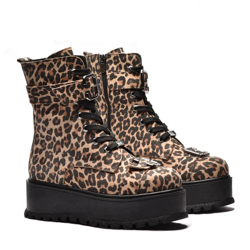 Ghete cu doua catarame, cu sireturi si fermoar, din piele naturala print, Lidia