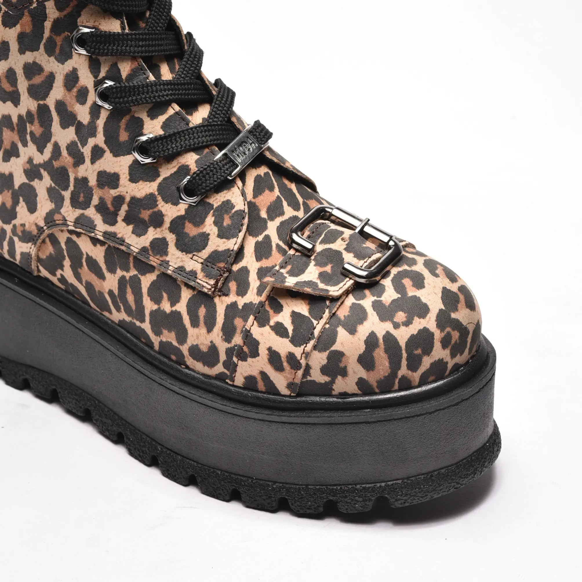 Ghete cu doua catarame, cu sireturi si fermoar, din piele naturala print, Lidia