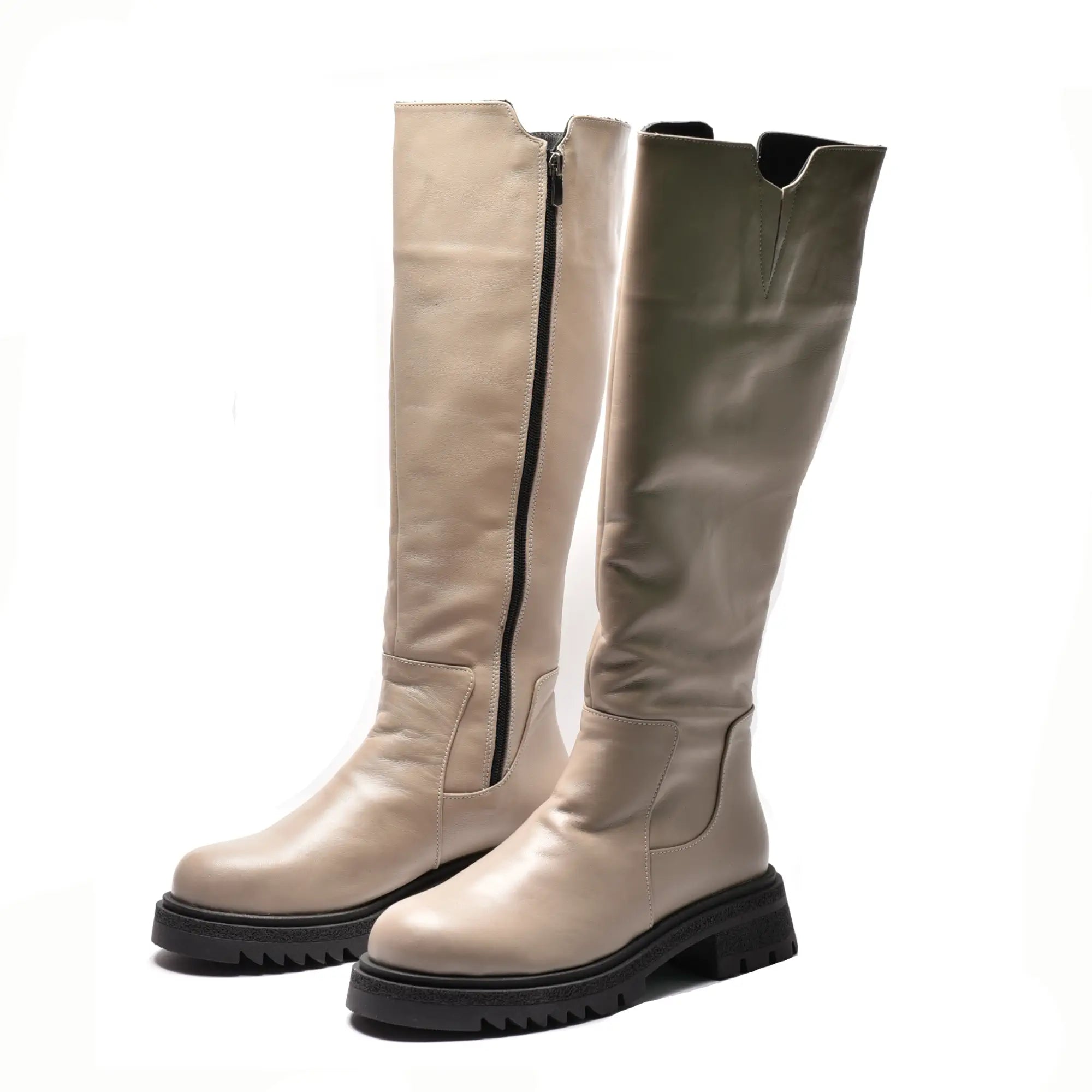 Cizme lungi cu fermoar, talpa groasa, piele naturala bej inchis