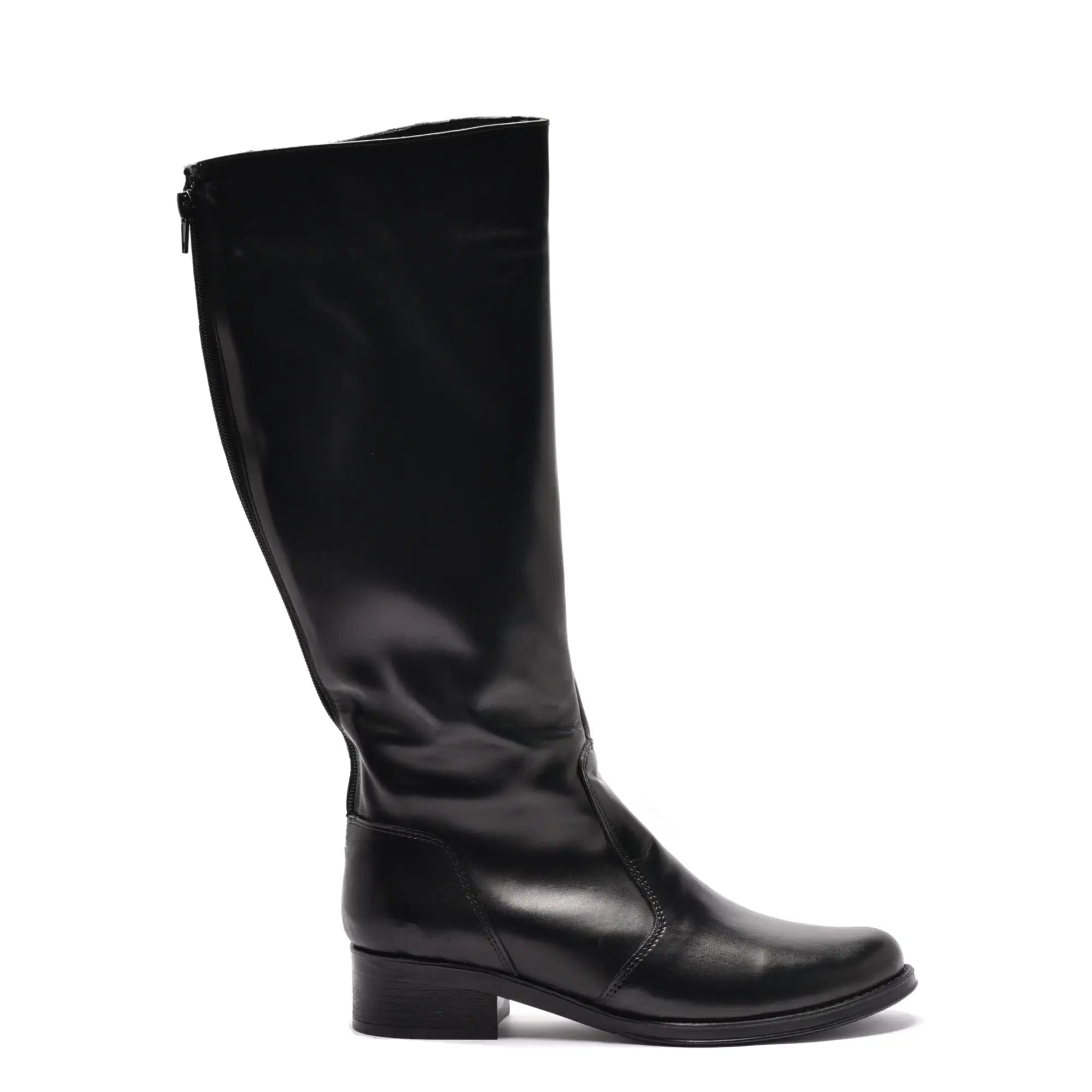 Cizme lungi cu fermoar, talpa subtire, tipar reglabil, piele naturala neagra