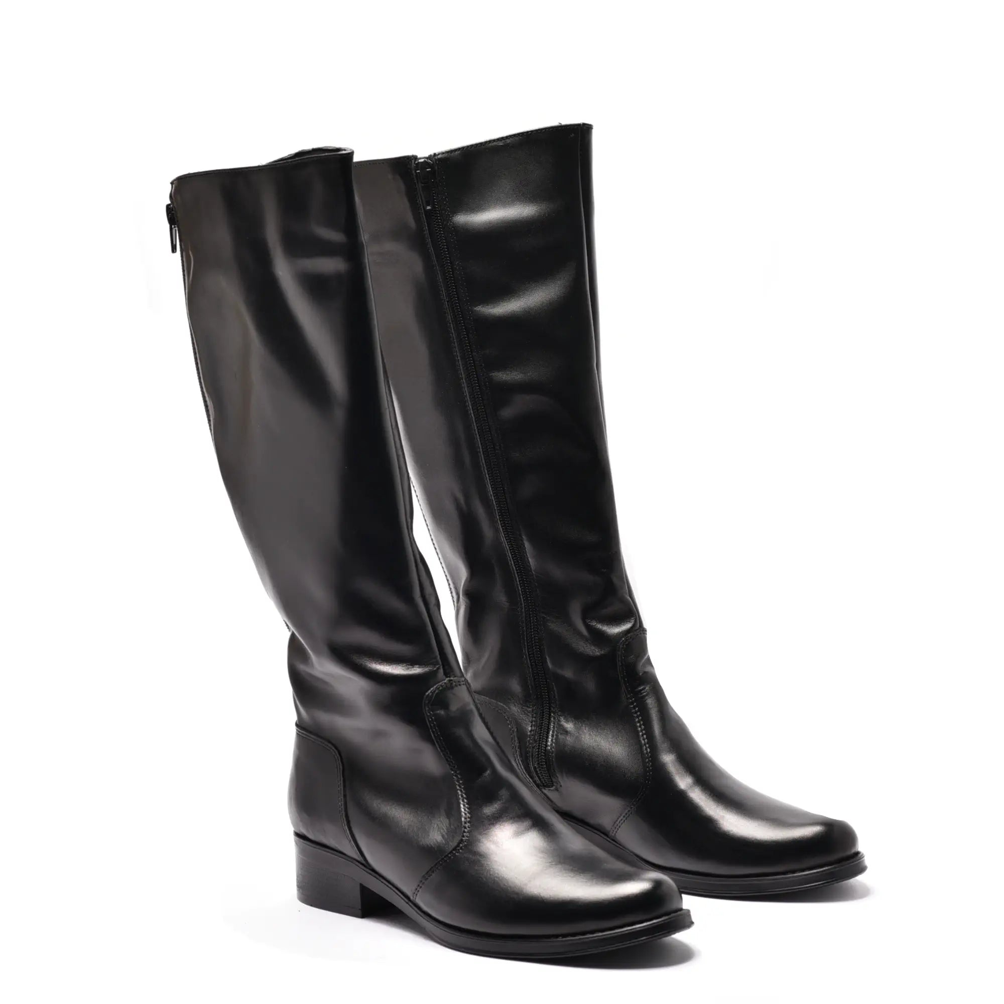 Cizme lungi cu fermoar, talpa subtire, tipar reglabil, piele naturala neagra