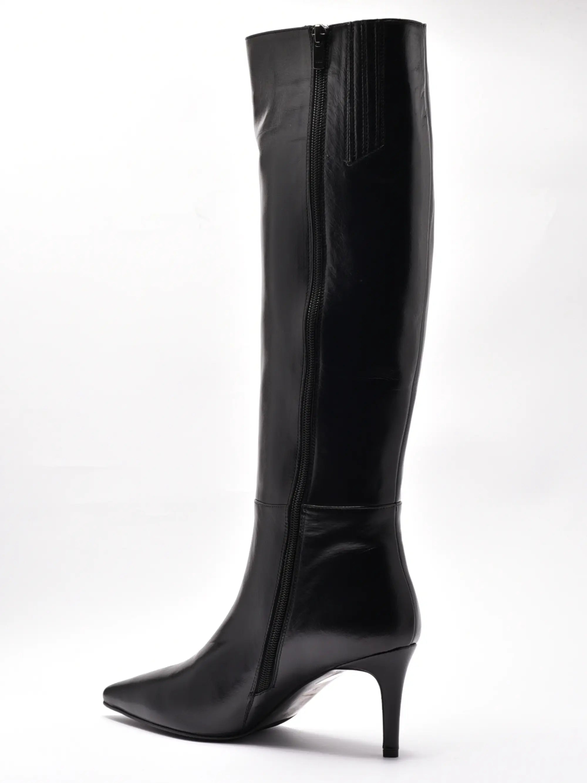 Cizme lungi elegante cu fermoar, toc mediu, piele naturala neagra