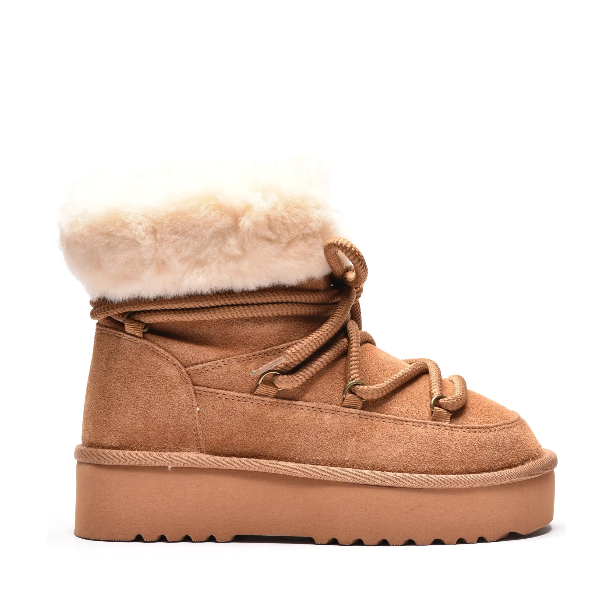 Ghete dama cu siret in varf si blana, din piele naturala camel 3002