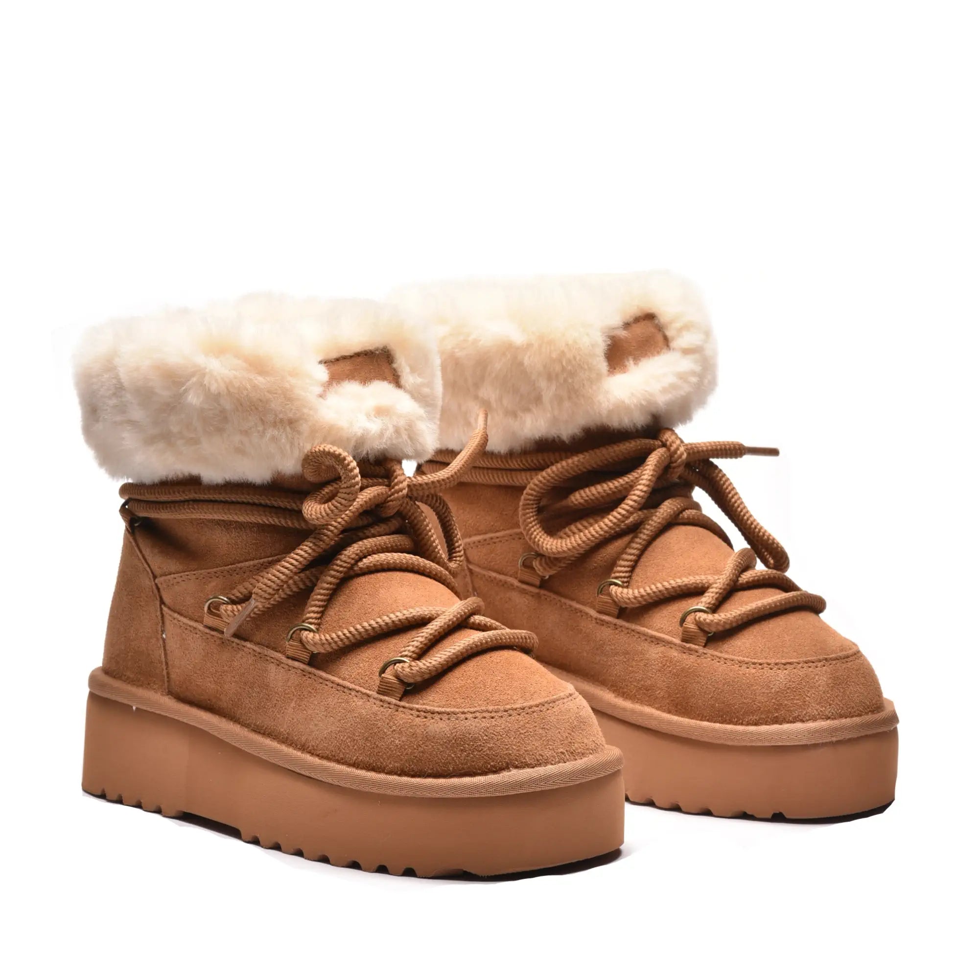 Ghete dama cu siret in varf si blana, din piele naturala camel 3002