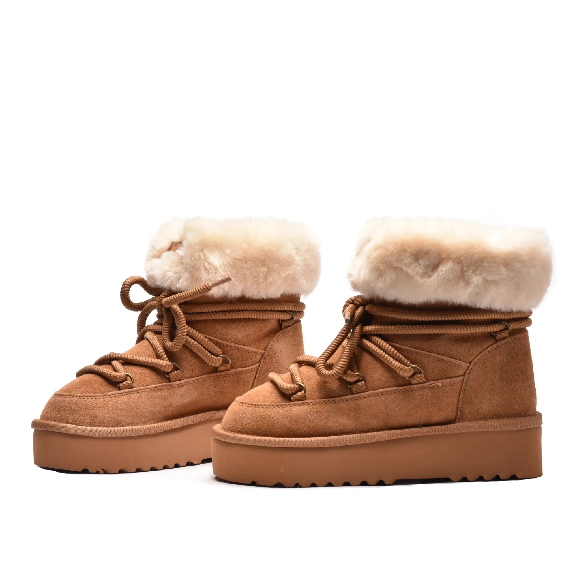 Ghete dama cu siret in varf si blana, din piele naturala camel 3002