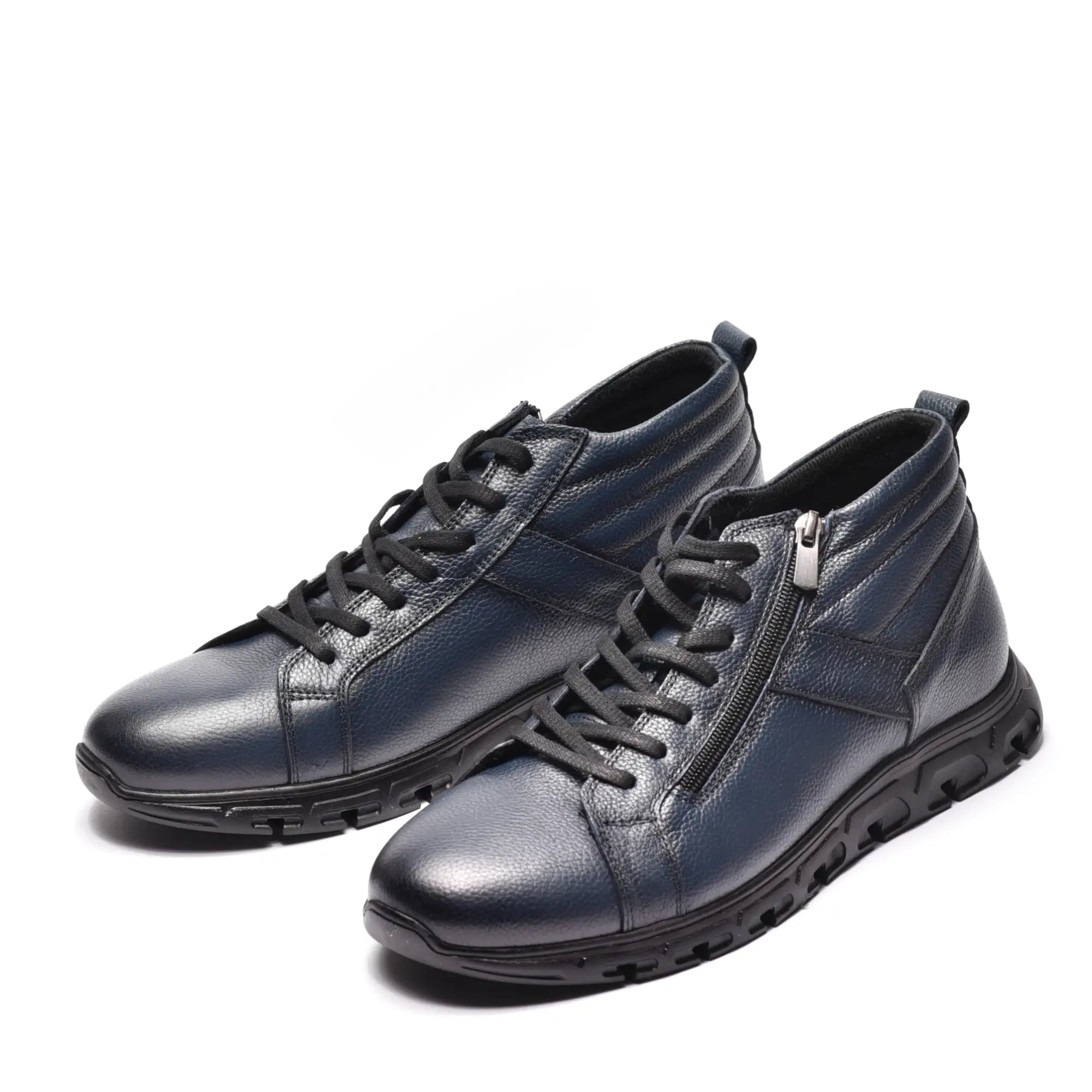 Ghete de barbati cu sireturi si fermoar, din piele naturala bleumarin